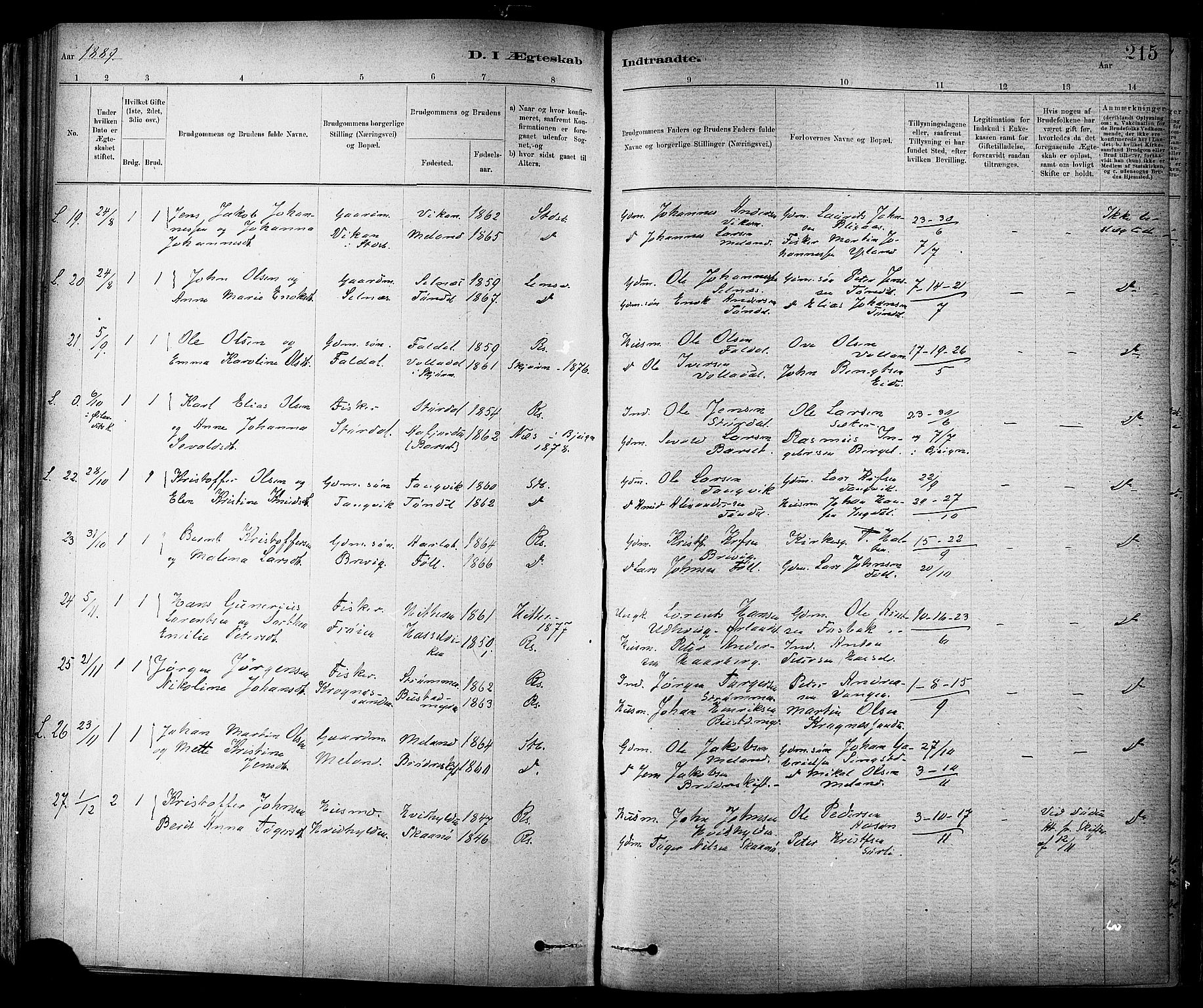Ministerialprotokoller, klokkerbøker og fødselsregistre - Sør-Trøndelag, SAT/A-1456/647/L0634: Parish register (official) no. 647A01, 1885-1896, p. 215