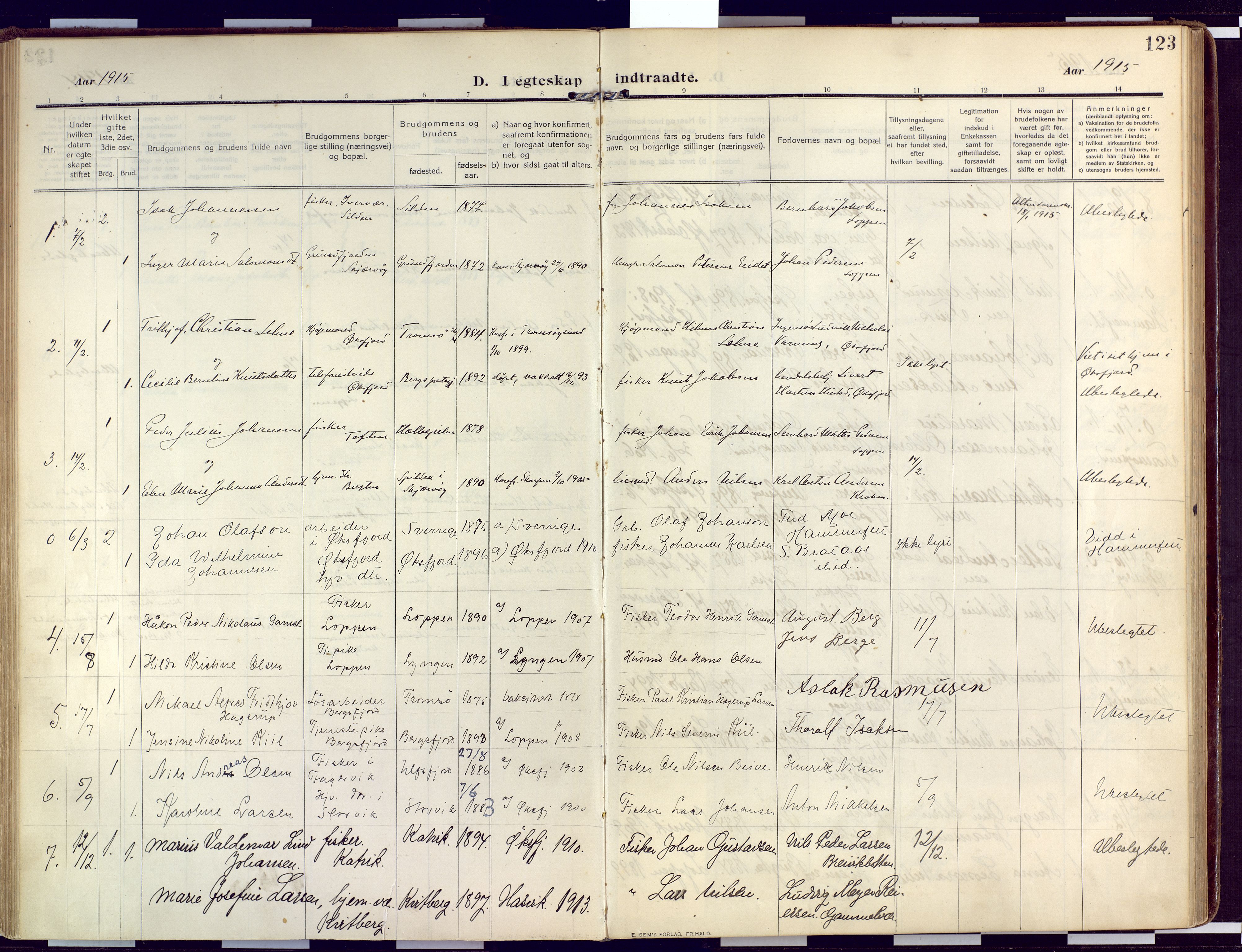 Loppa sokneprestkontor, SATØ/S-1339/H/Ha/L0011kirke: Parish register (official) no. 11, 1909-1919, p. 123