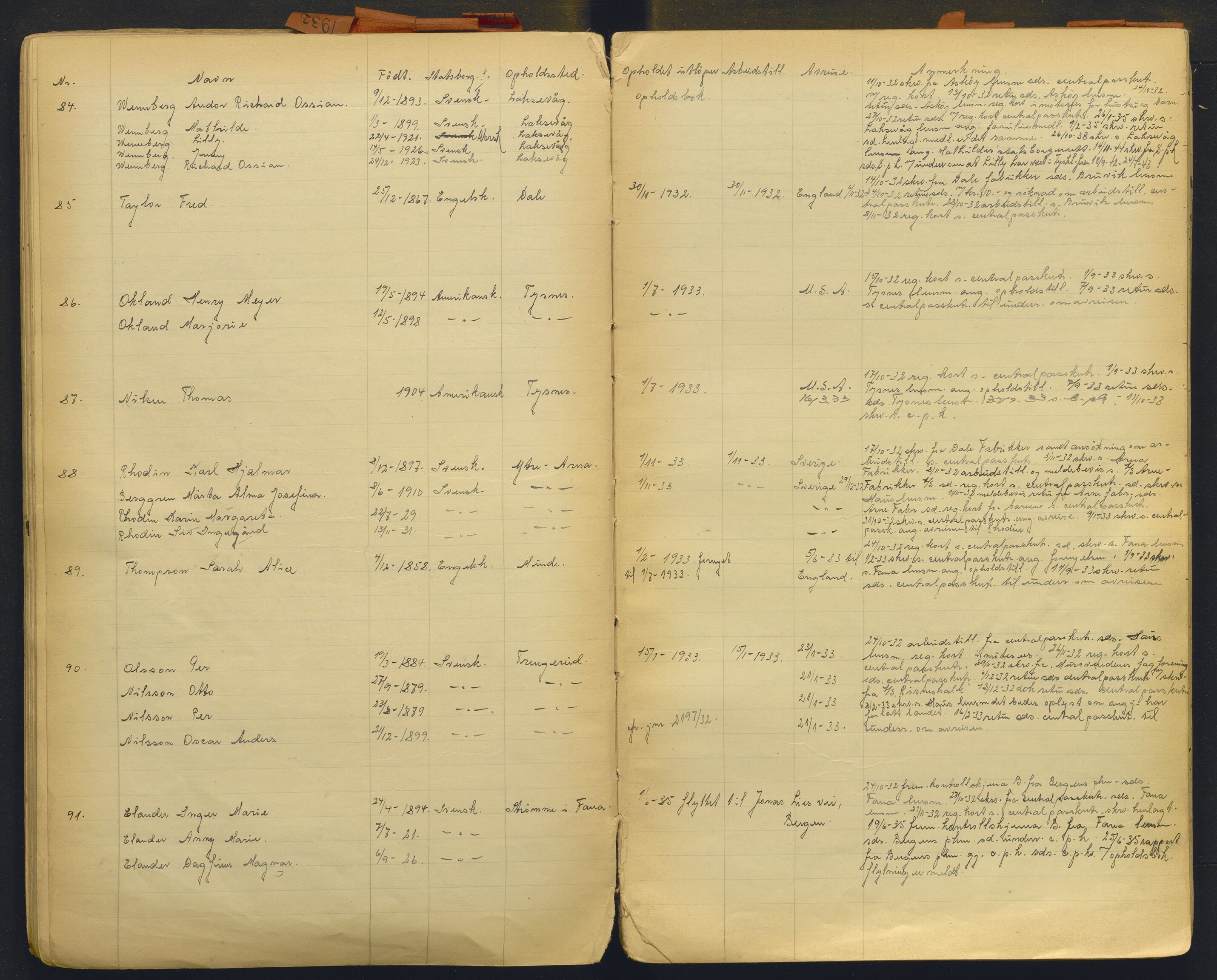 Hordaland politidistrikt, AV/SAB-A-64101/K/Ka/L0001: Brevjournal for framandvesenet (1921-1926) og framandsakjournal med register (1929-1937), 1921-1937