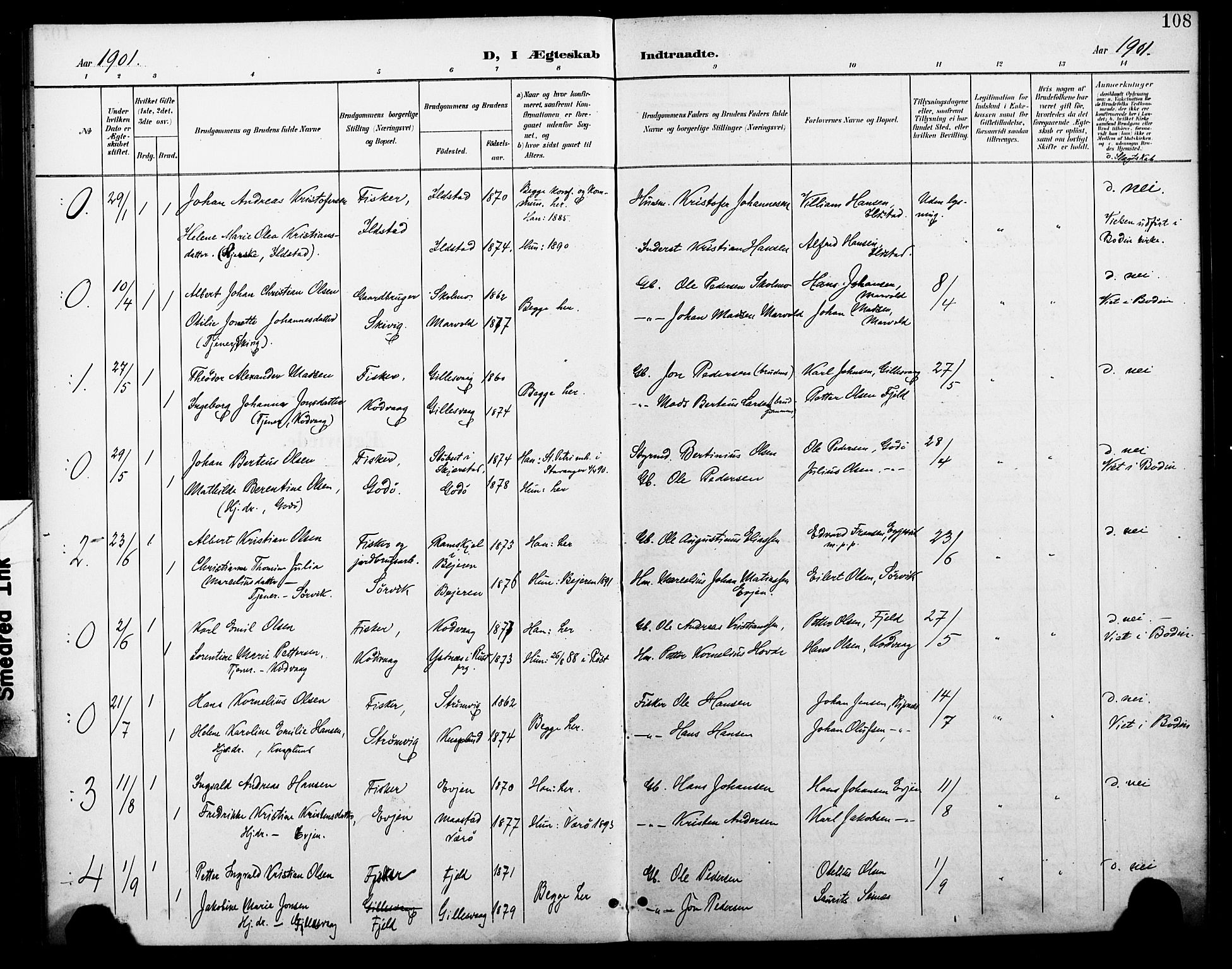 Ministerialprotokoller, klokkerbøker og fødselsregistre - Nordland, SAT/A-1459/804/L0088: Parish register (copy) no. 804C01, 1901-1917, p. 108