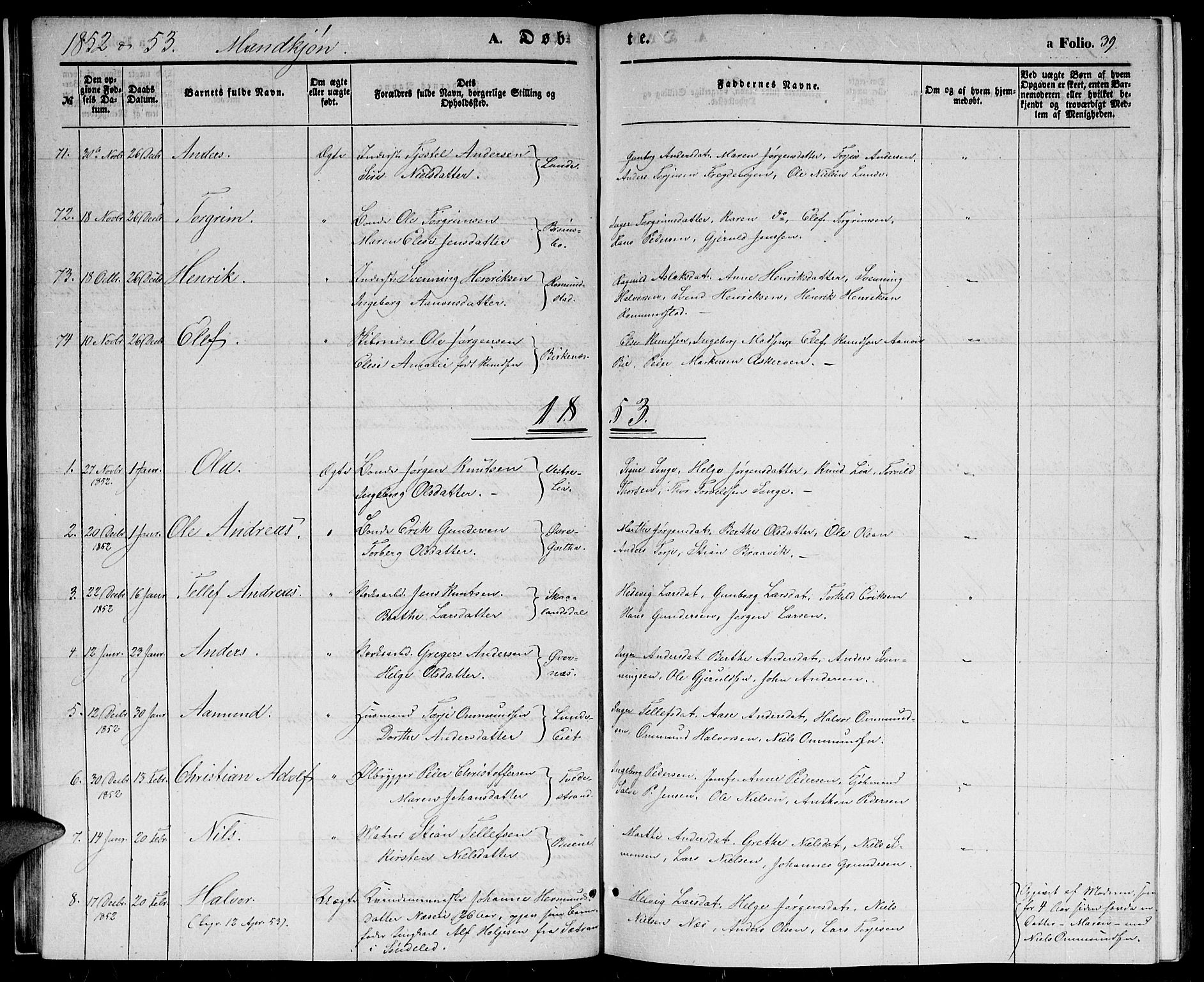 Holt sokneprestkontor, SAK/1111-0021/F/Fb/L0007: Parish register (copy) no. B 7, 1849-1858, p. 39