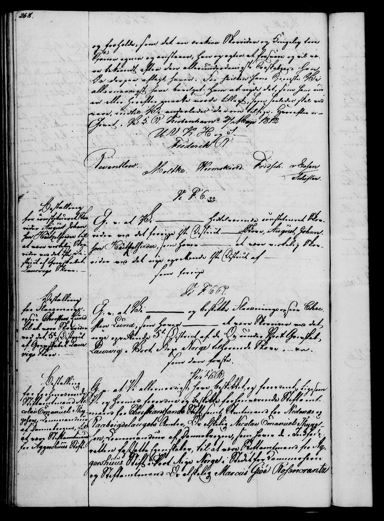 Rentekammeret, Kammerkanselliet, AV/RA-EA-3111/G/Gg/Gge/L0006: Norsk bestallingsprotokoll med register (merket RK 53.30), 1773-1814, p. 268