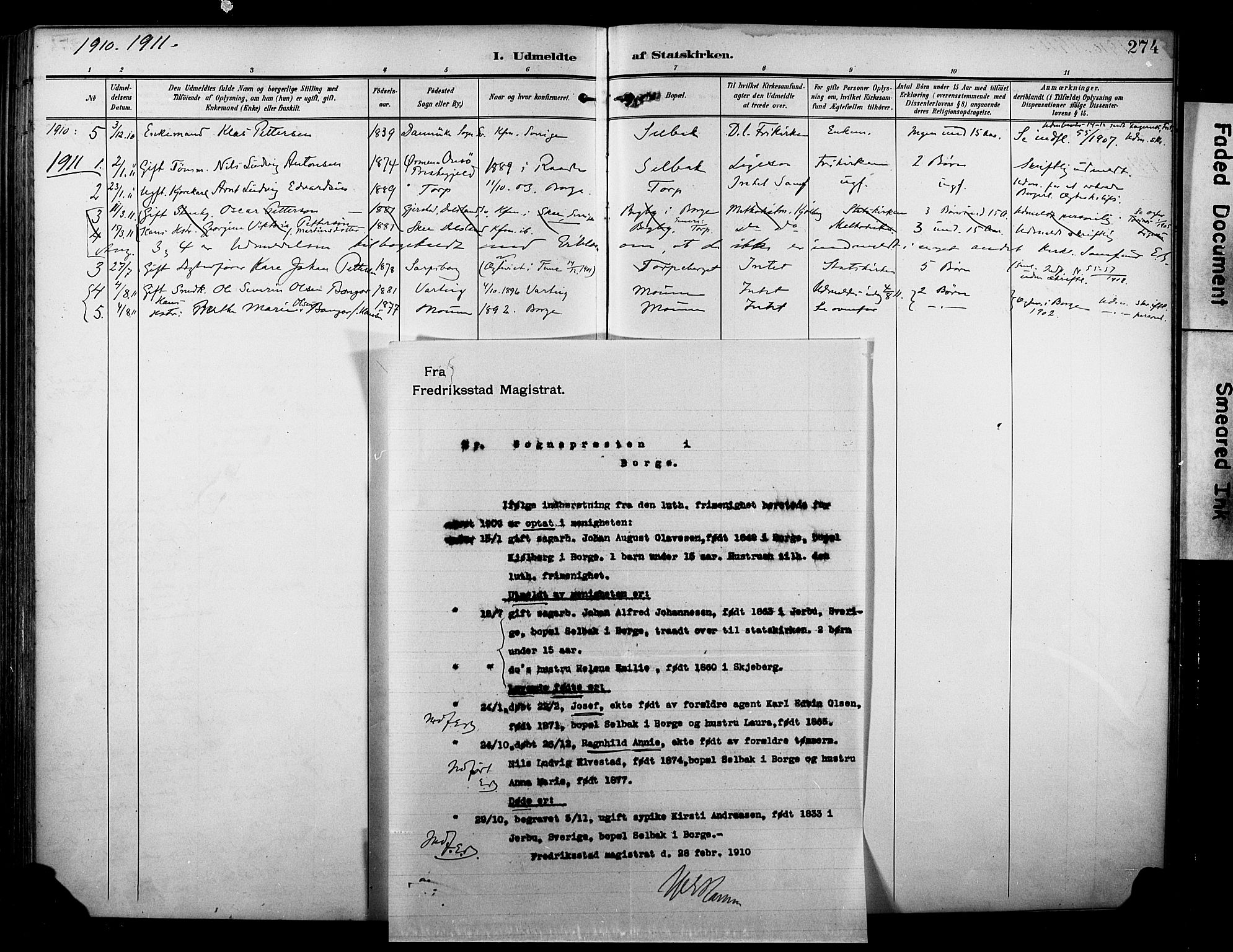 Borge prestekontor Kirkebøker, SAO/A-10903/F/Fa/L0009: Parish register (official) no. I 9, 1902-1911, p. 274