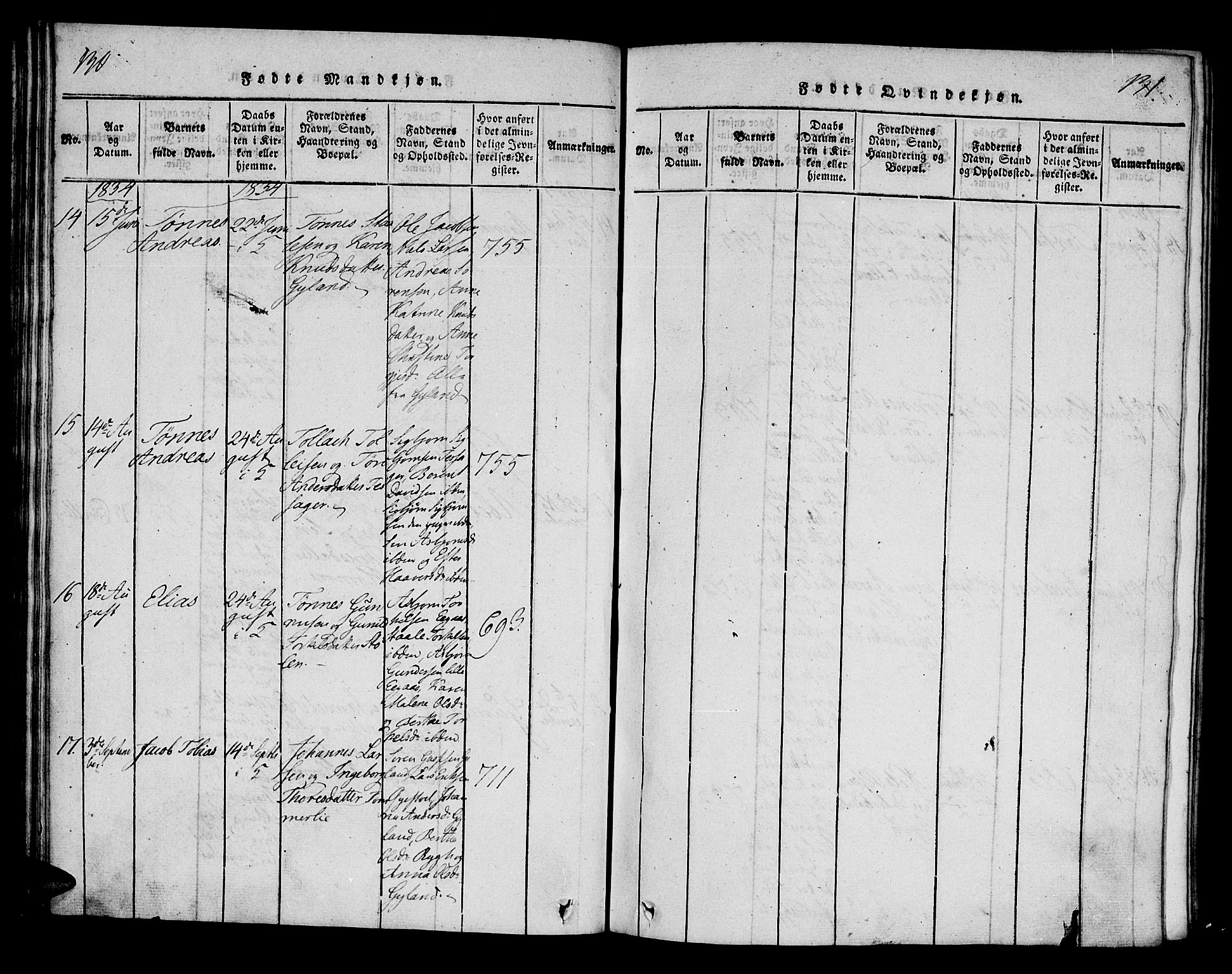 Bakke sokneprestkontor, AV/SAK-1111-0002/F/Fa/Fab/L0001: Parish register (official) no. A 1, 1815-1835, p. 130-131