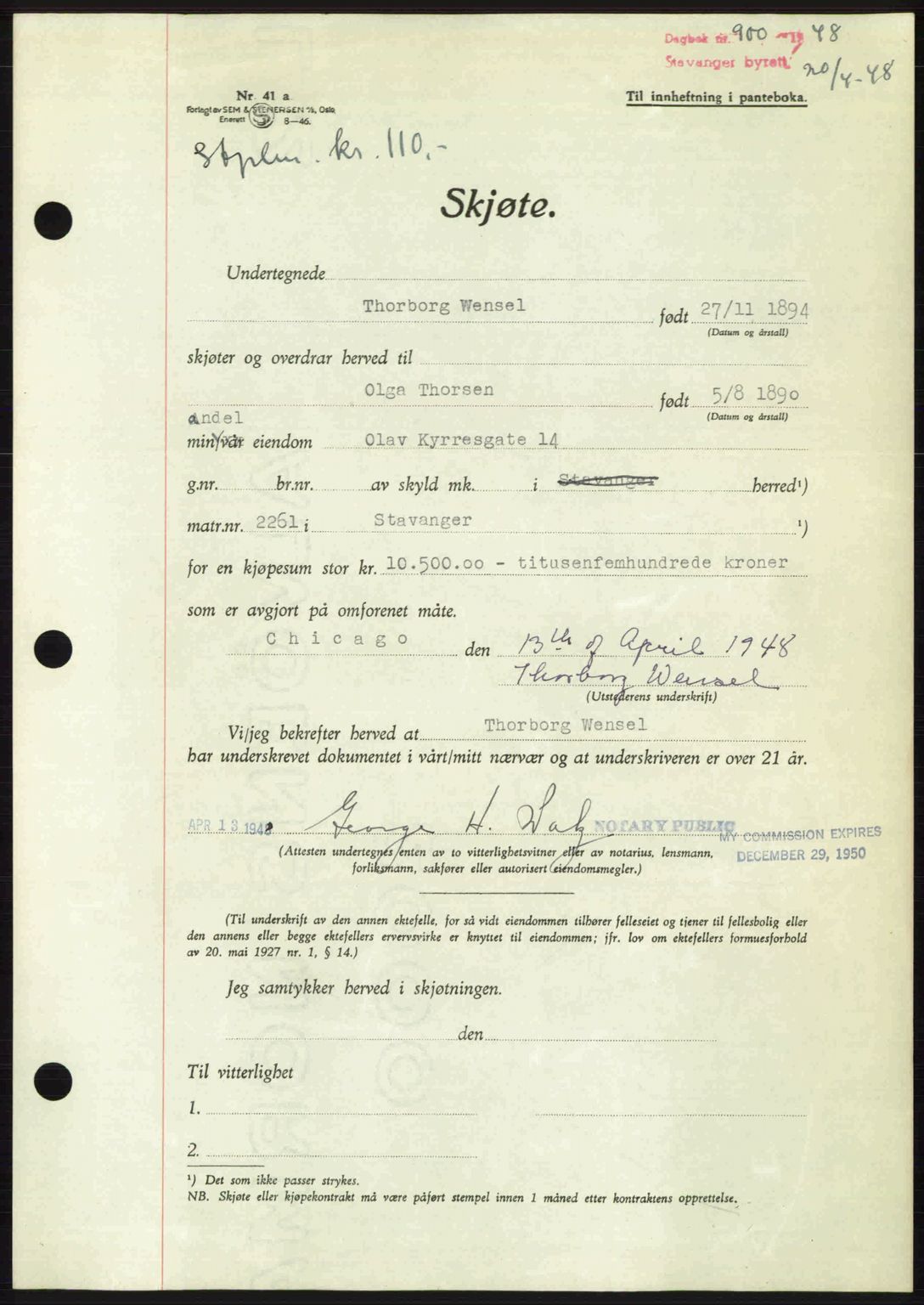 Stavanger byrett, SAST/A-100455/002/G/Gb/L0022: Mortgage book no. A11, 1947-1948, Diary no: : 900/1948