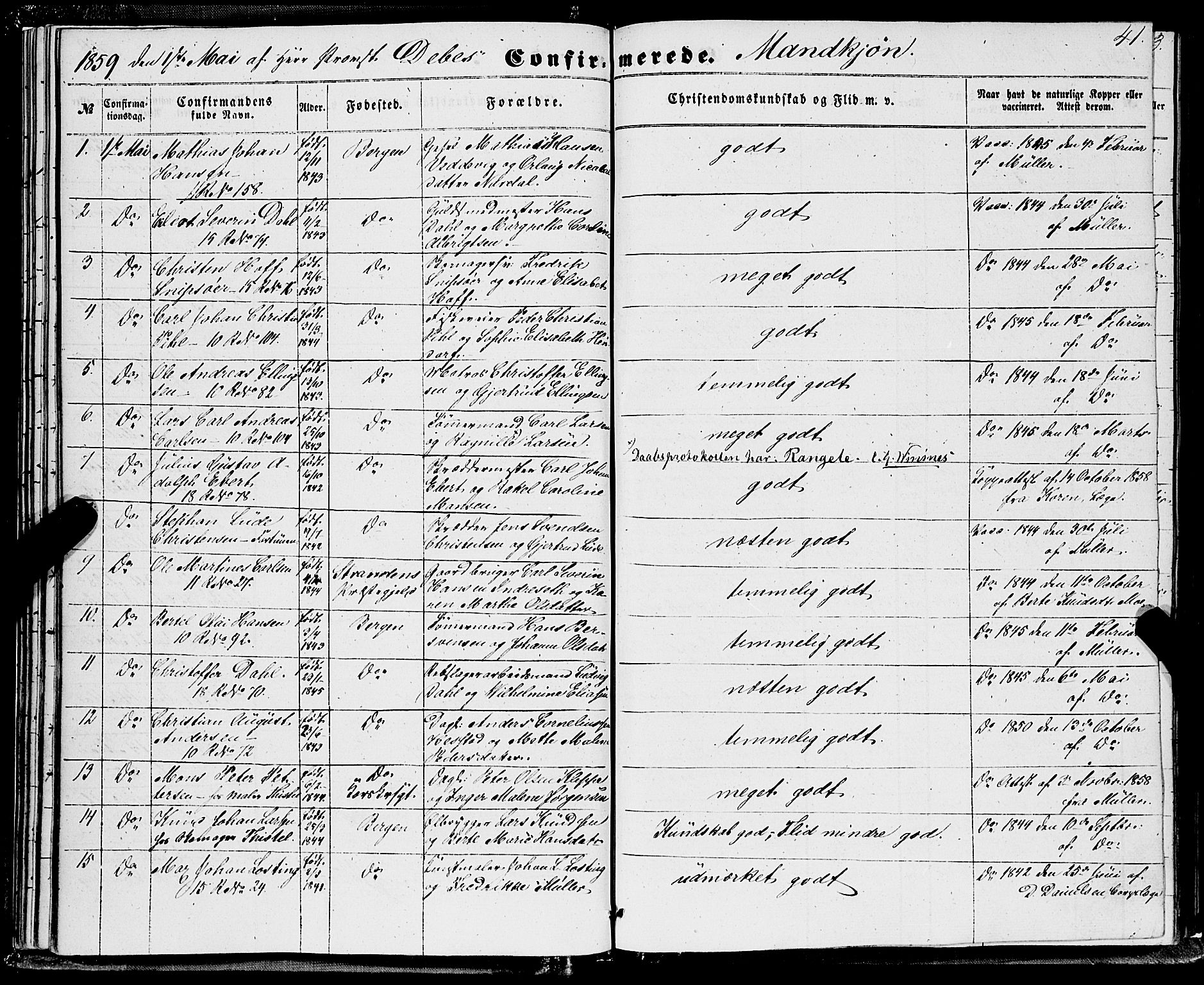 Domkirken sokneprestembete, SAB/A-74801/H/Haa/L0028: Parish register (official) no. C 3, 1852-1864, p. 41