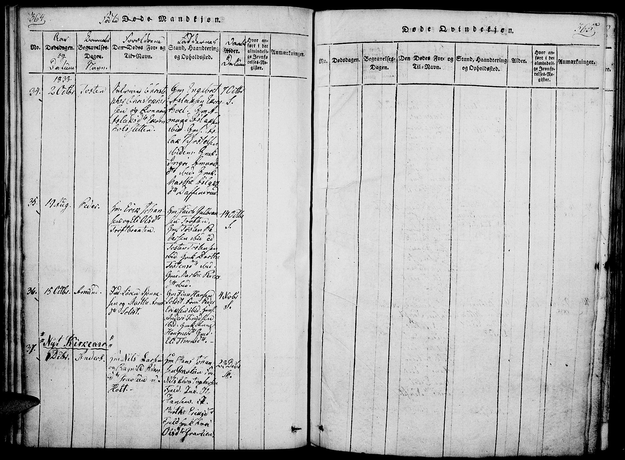 Nord-Odal prestekontor, SAH/PREST-032/H/Ha/Haa/L0001: Parish register (official) no. 1, 1819-1838, p. 364-365