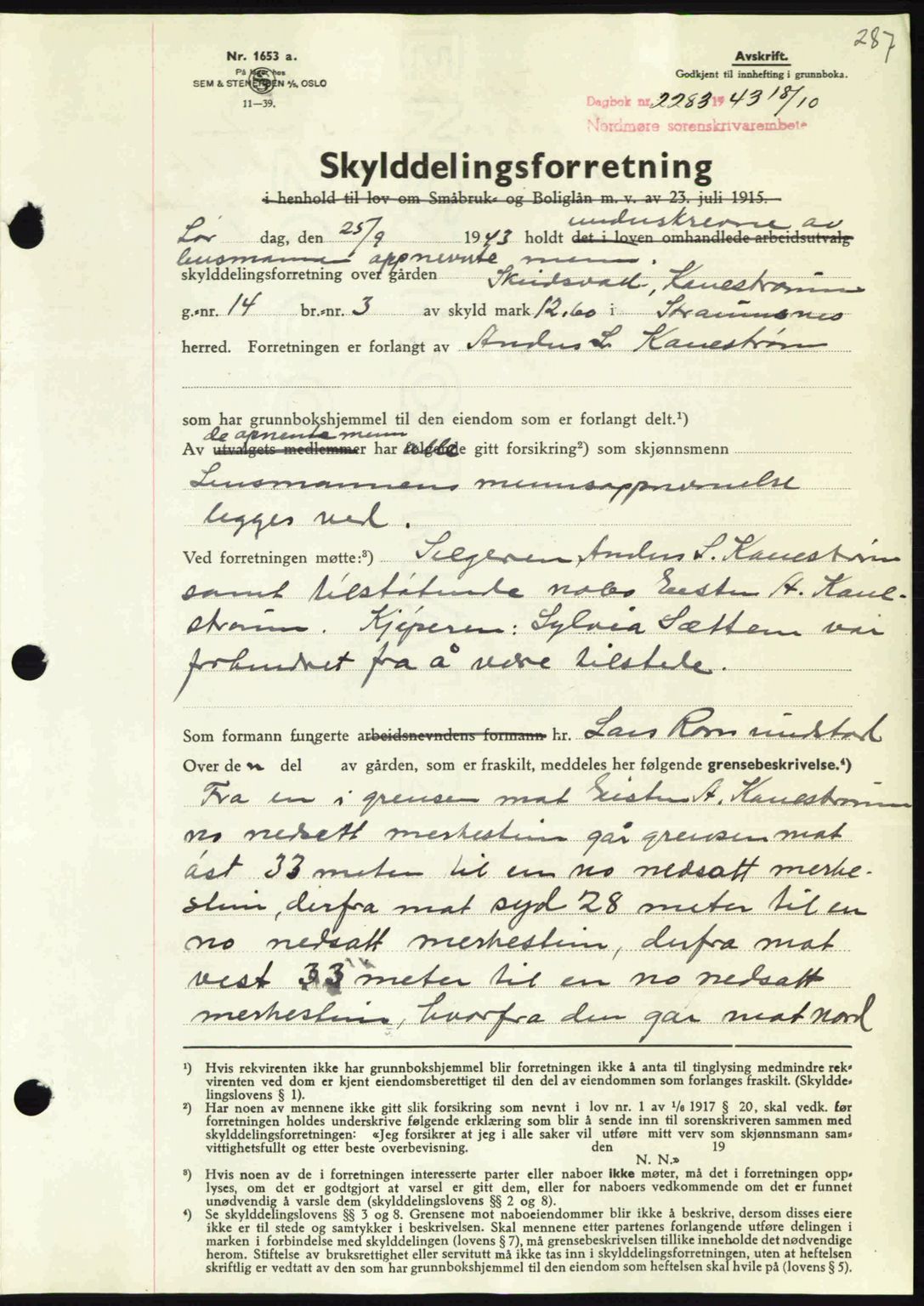 Nordmøre sorenskriveri, AV/SAT-A-4132/1/2/2Ca: Mortgage book no. A96, 1943-1944, Diary no: : 2280/1943