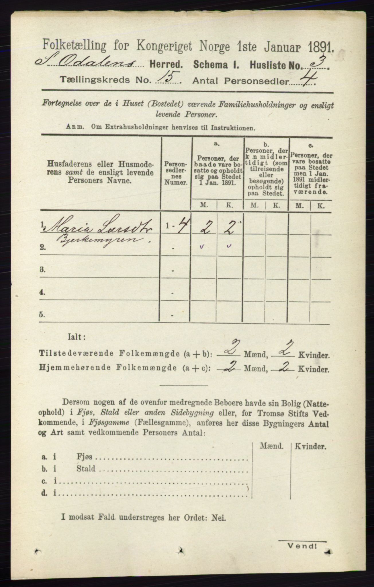 RA, 1891 census for 0419 Sør-Odal, 1891, p. 6468
