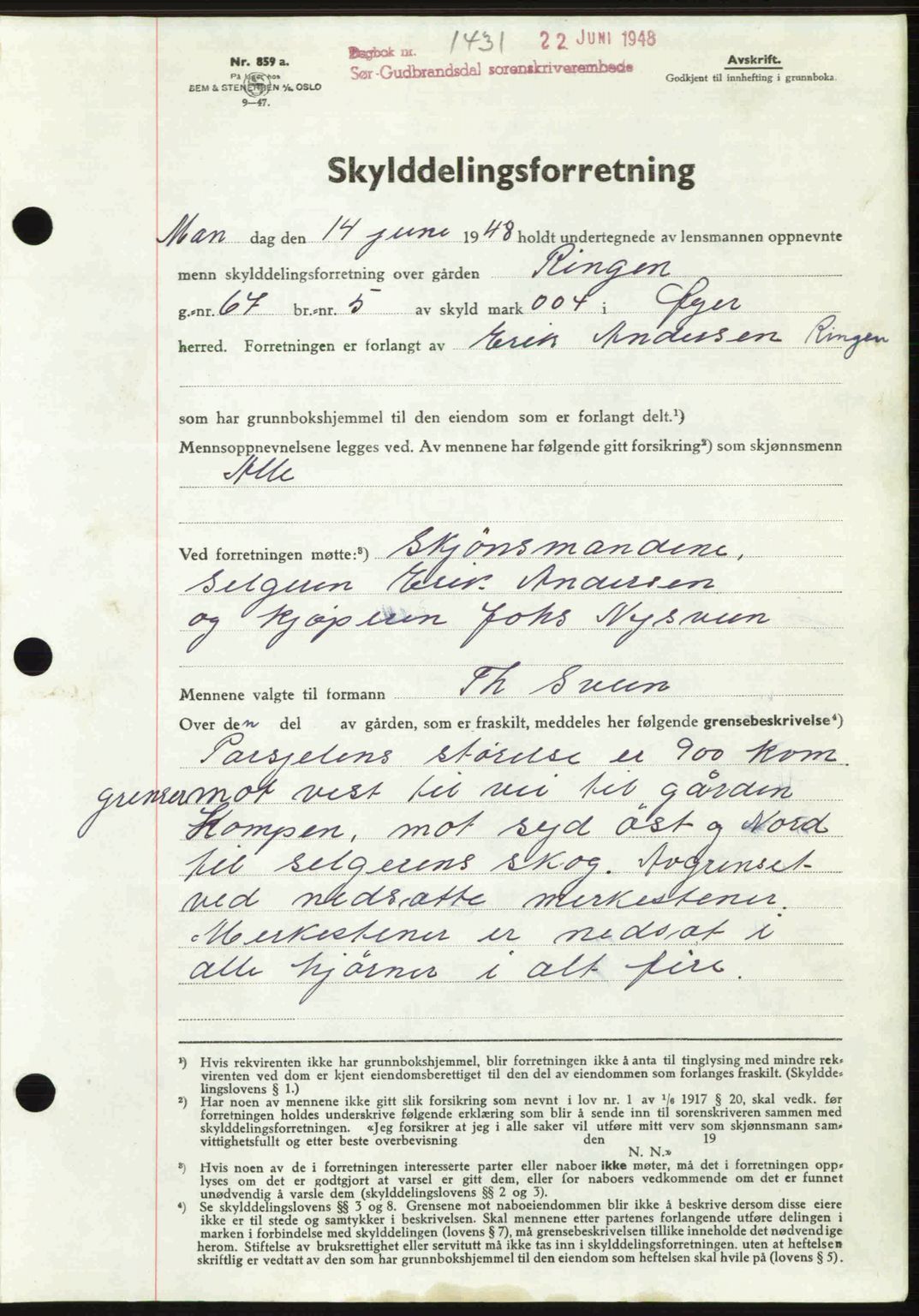 Sør-Gudbrandsdal tingrett, SAH/TING-004/H/Hb/Hbd/L0022: Mortgage book no. A22, 1948-1948, Diary no: : 1431/1948