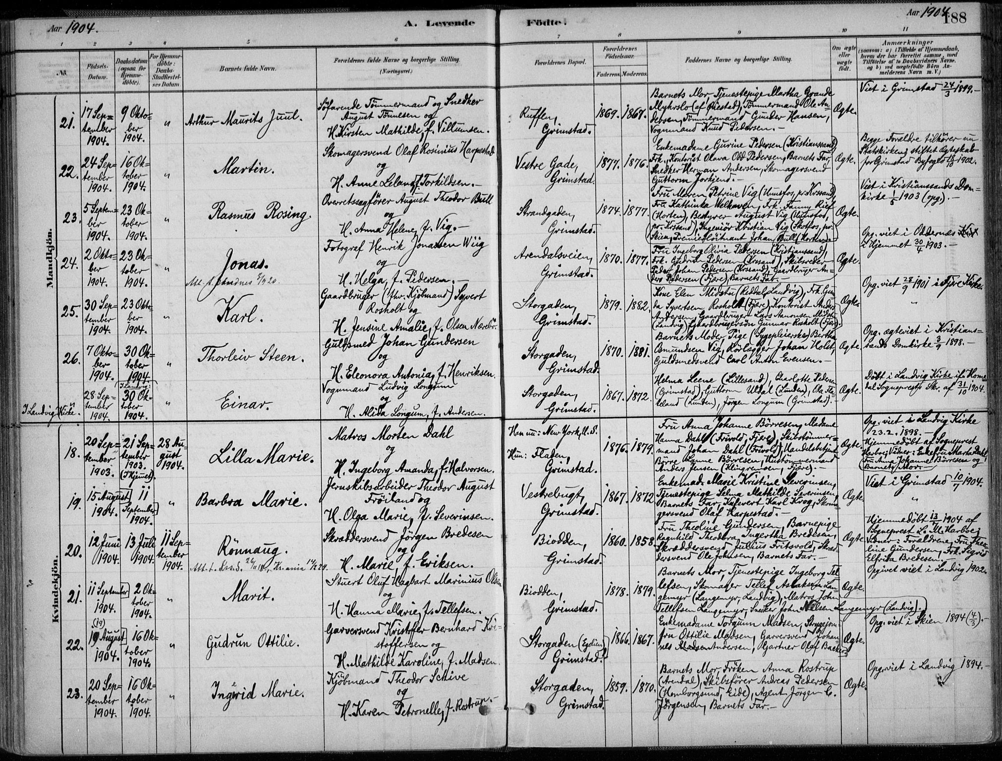 Grimstad sokneprestkontor, SAK/1111-0017/F/Fa/L0003: Parish register (official) no. A 2, 1882-1912, p. 188
