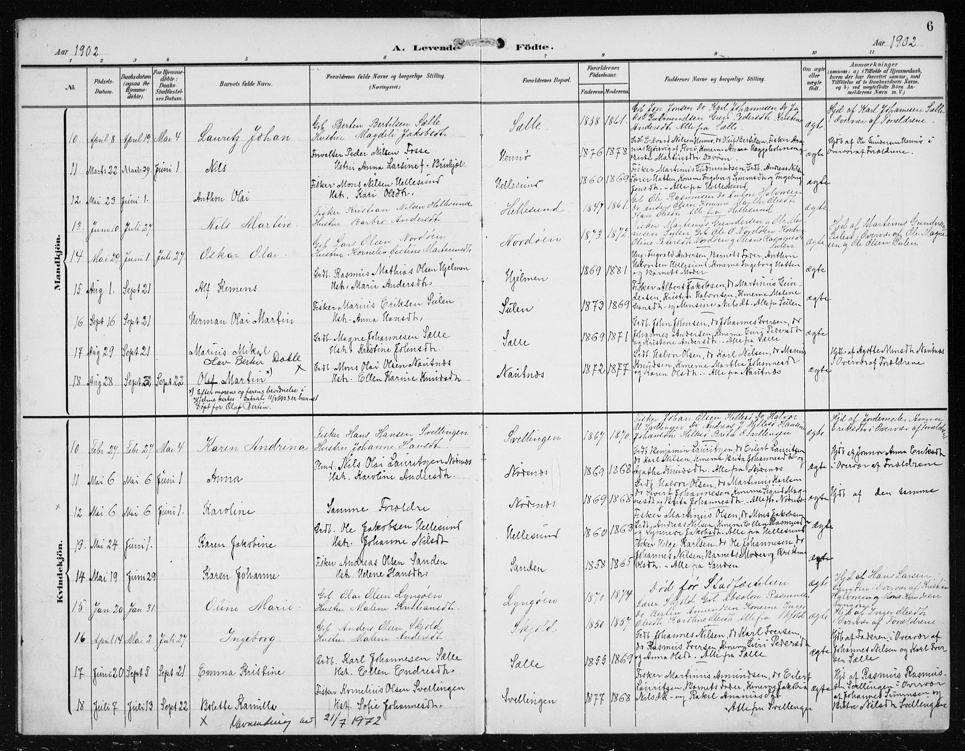 Herdla Sokneprestembete, AV/SAB-A-75701/H/Haa: Parish register (official) no. B 1, 1902-1921, p. 6