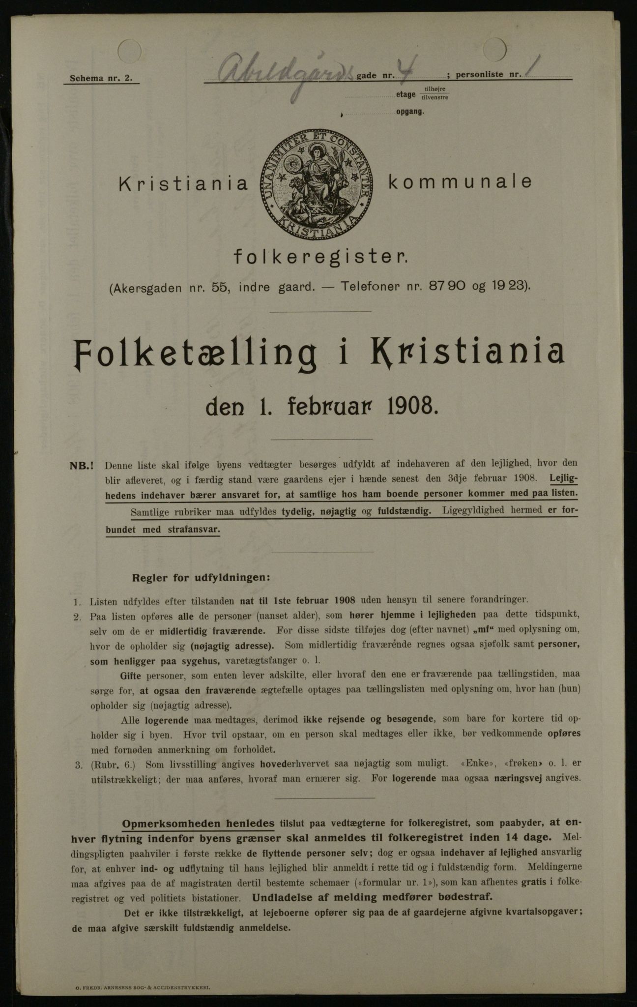 OBA, Municipal Census 1908 for Kristiania, 1908, p. 20