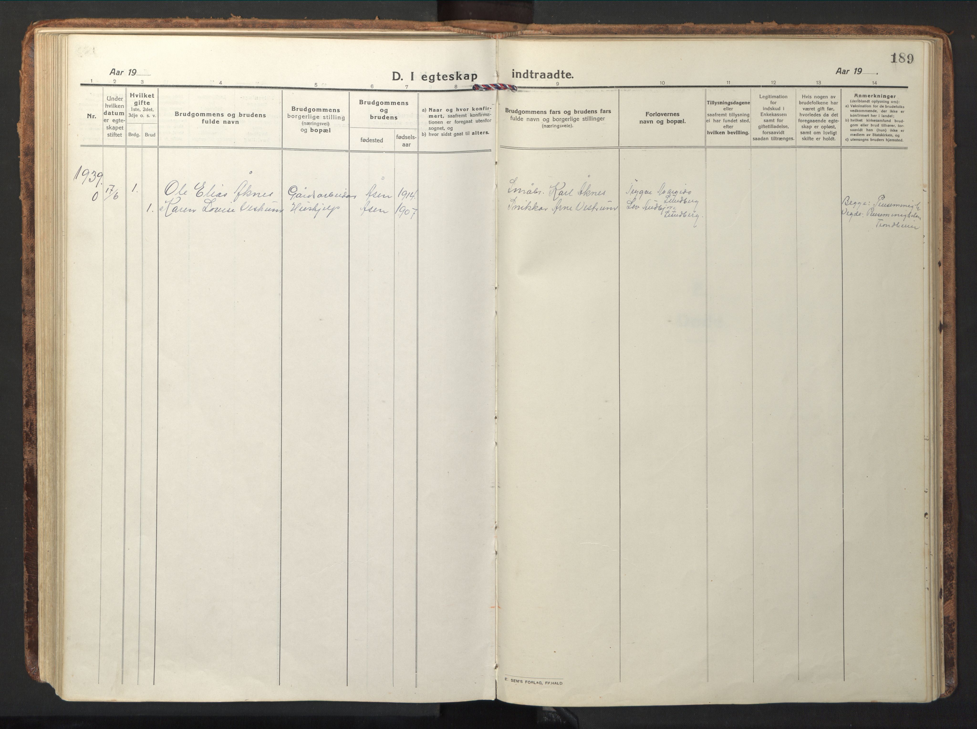 Ministerialprotokoller, klokkerbøker og fødselsregistre - Nord-Trøndelag, SAT/A-1458/714/L0136: Parish register (copy) no. 714C05, 1918-1957, p. 189