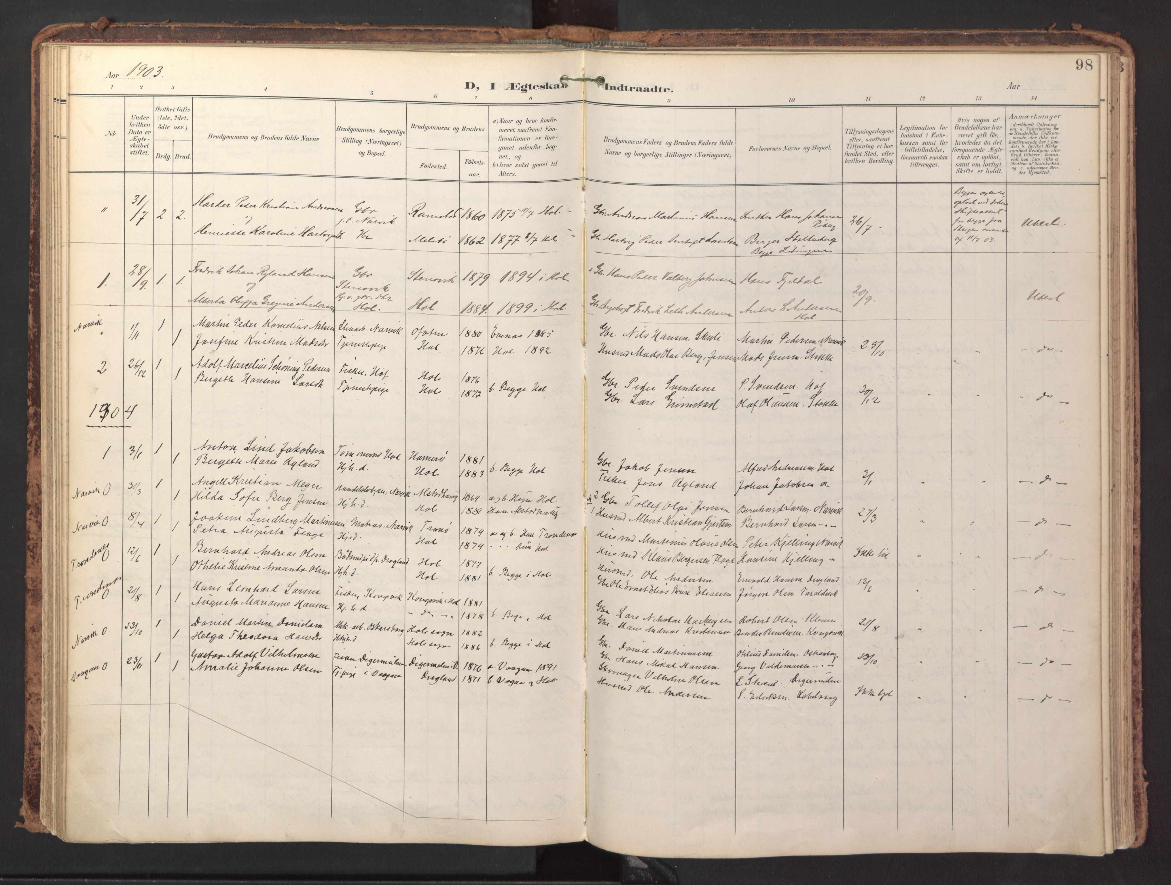 Ministerialprotokoller, klokkerbøker og fødselsregistre - Nordland, AV/SAT-A-1459/865/L0926: Parish register (official) no. 865A04, 1897-1912, p. 98