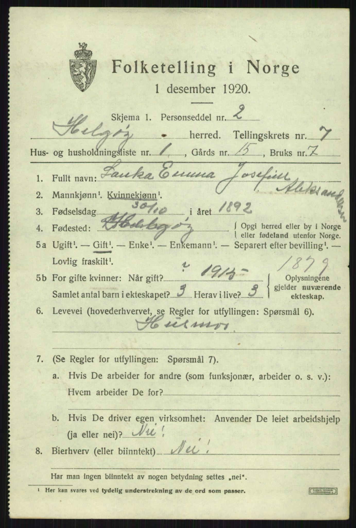 SATØ, 1920 census for Helgøy, 1920, p. 2537