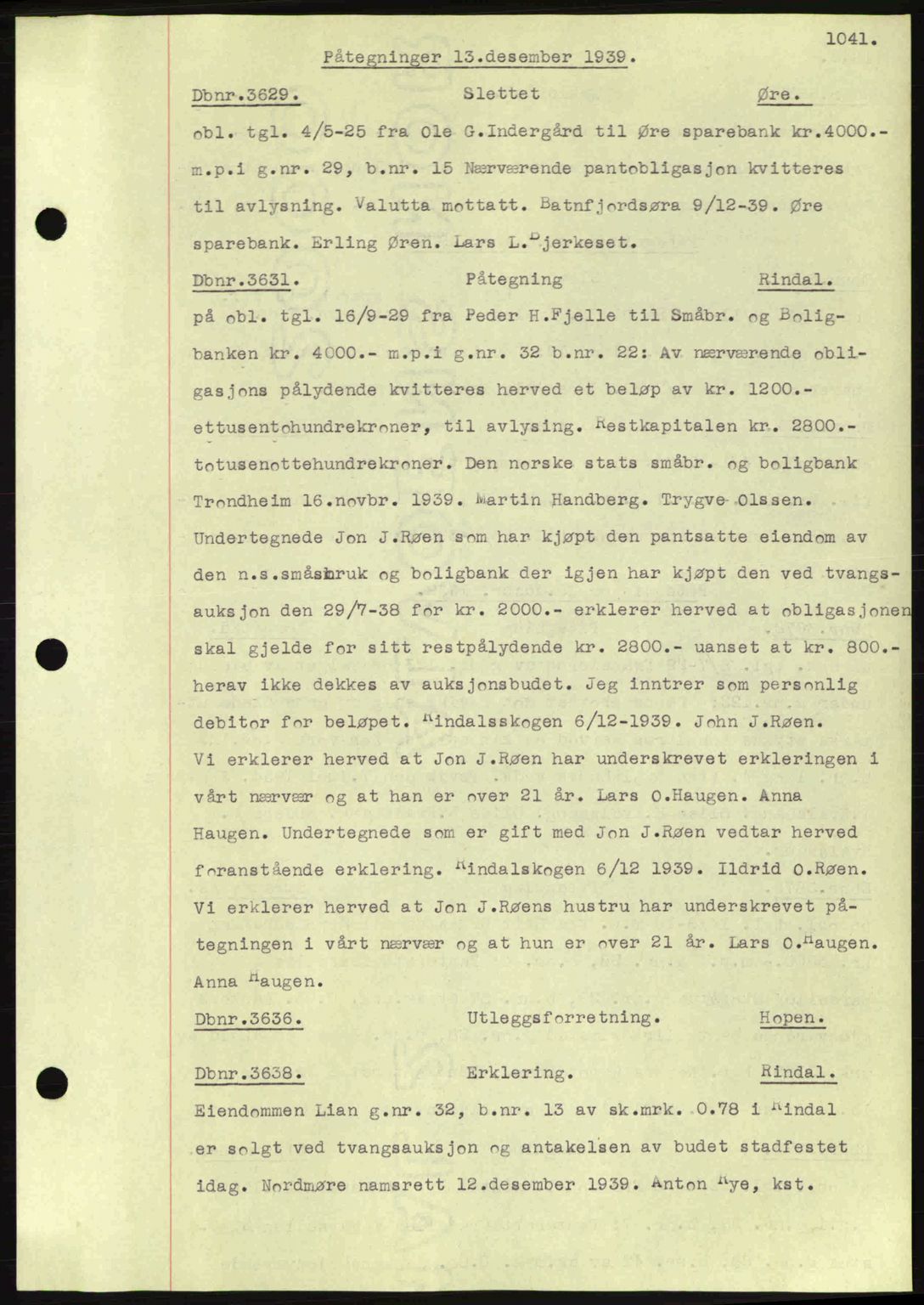 Nordmøre sorenskriveri, AV/SAT-A-4132/1/2/2Ca: Mortgage book no. C80, 1936-1939, Diary no: : 3629/1939