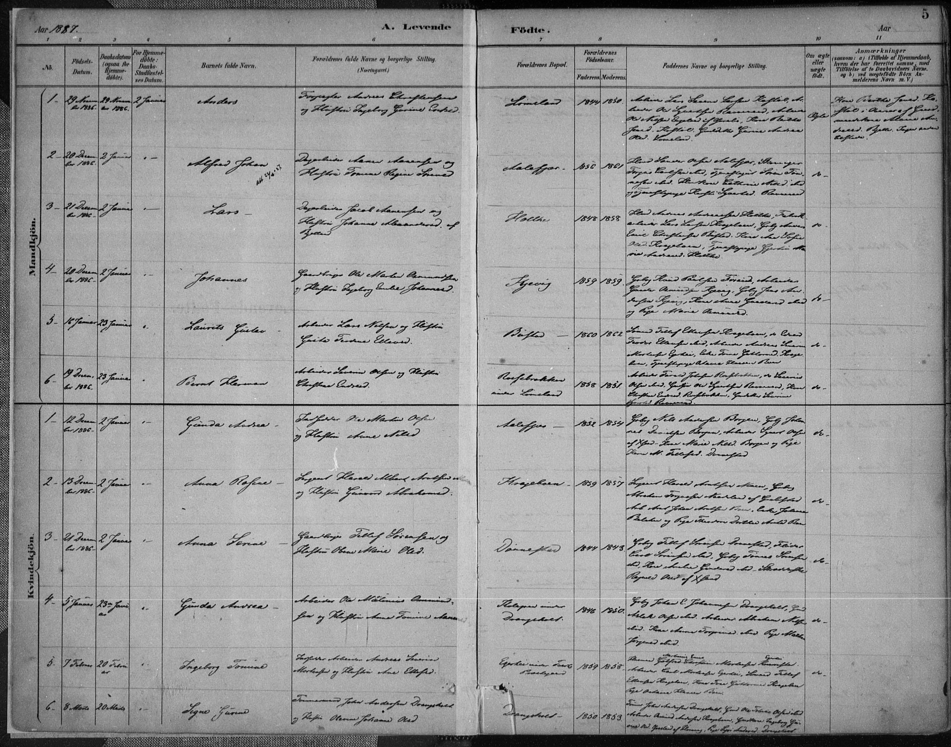 Tveit sokneprestkontor, AV/SAK-1111-0043/F/Fa/L0007: Parish register (official) no. A 7, 1887-1908, p. 5