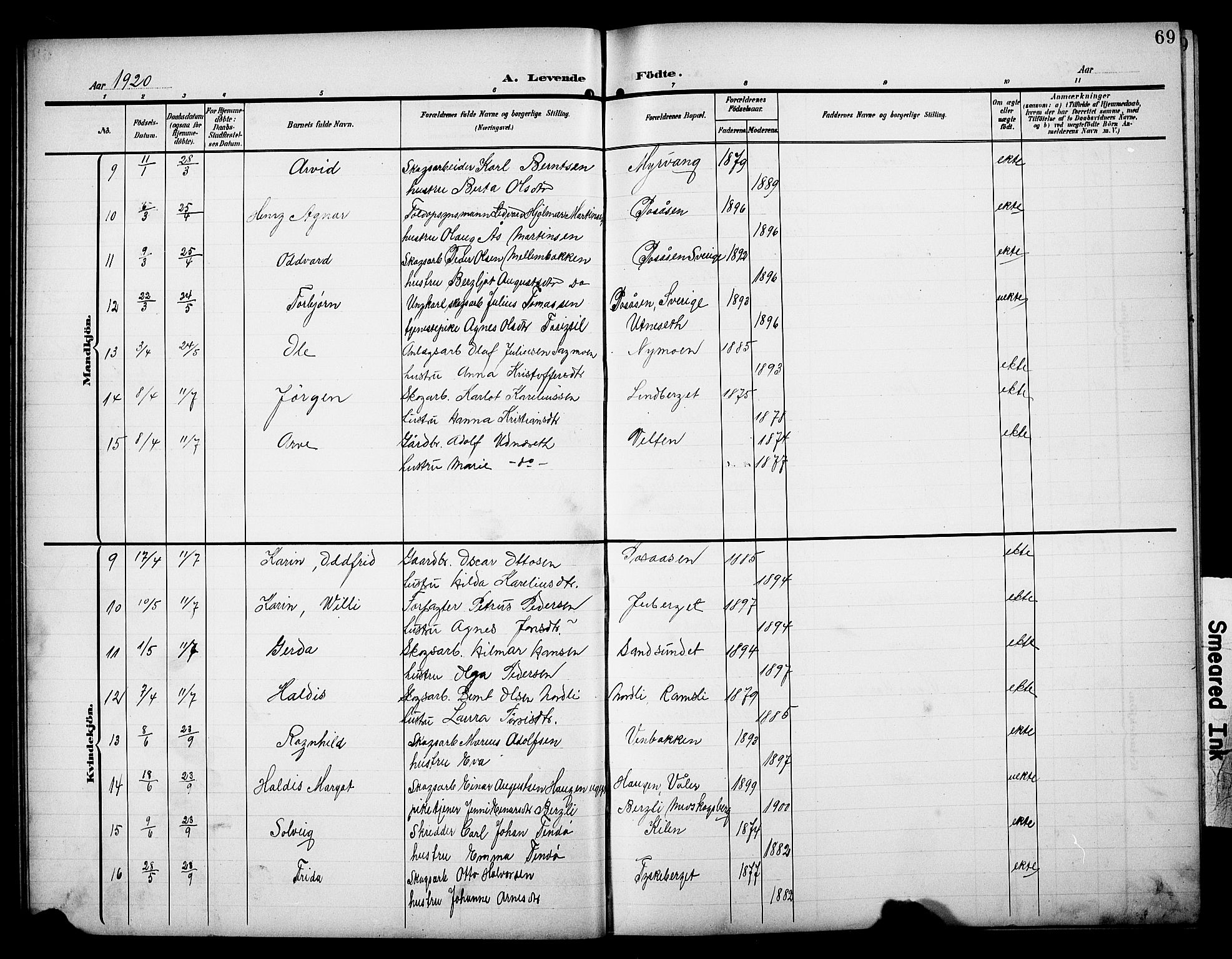 Åsnes prestekontor, AV/SAH-PREST-042/H/Ha/Hab/L0006: Parish register (copy) no. 6, 1903-1929, p. 69