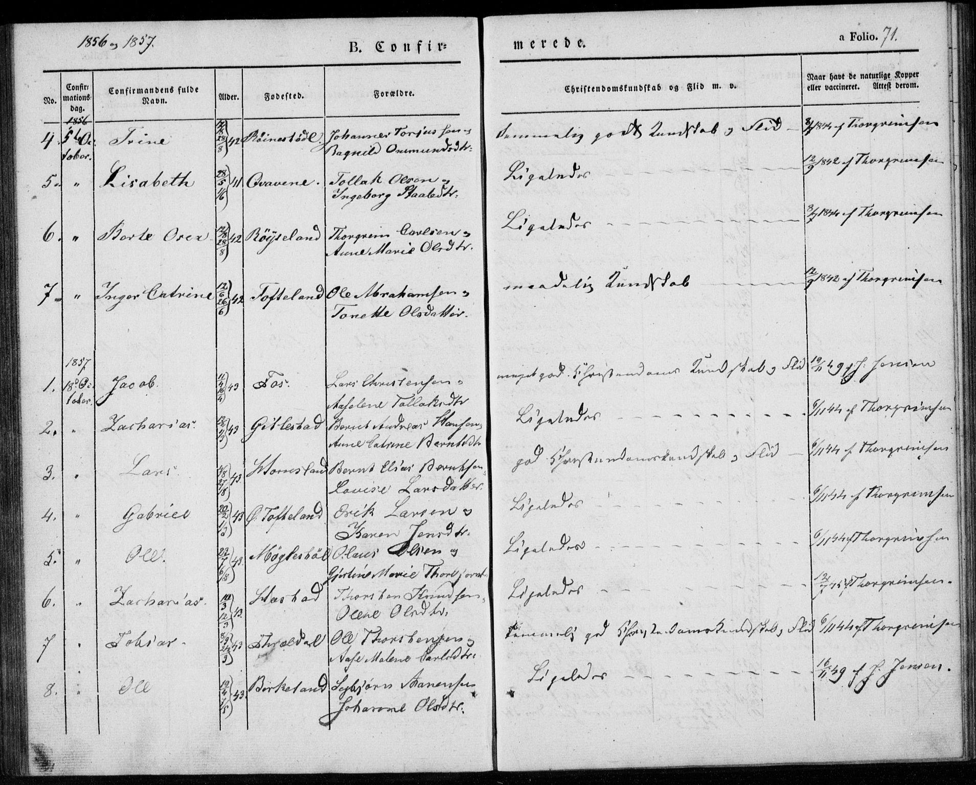 Lyngdal sokneprestkontor, AV/SAK-1111-0029/F/Fa/Fab/L0001: Parish register (official) no. A 1, 1838-1860, p. 71