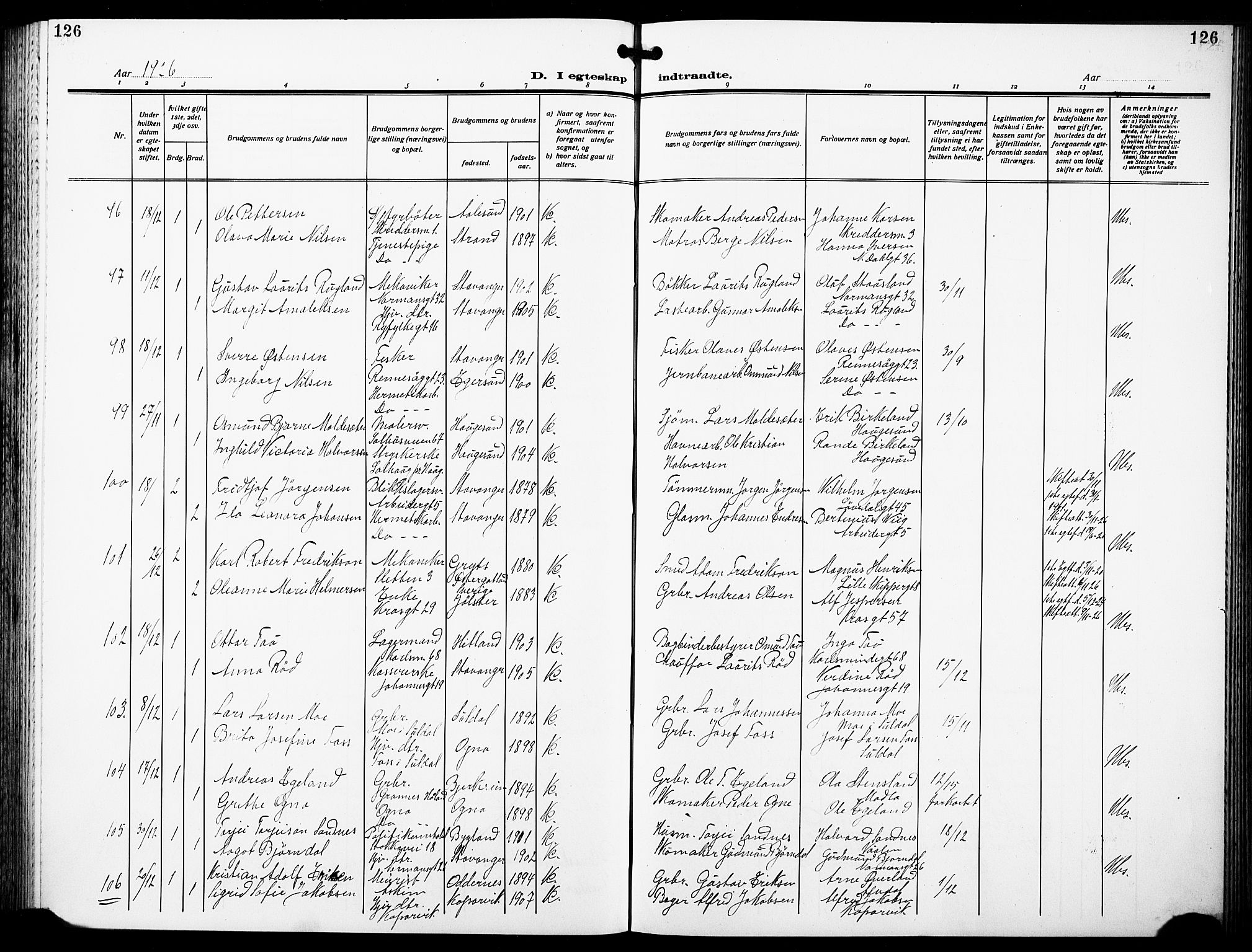 St. Johannes sokneprestkontor, SAST/A-101814/001/30/30BB/L0007: Parish register (copy) no. B 7, 1917-1932, p. 126