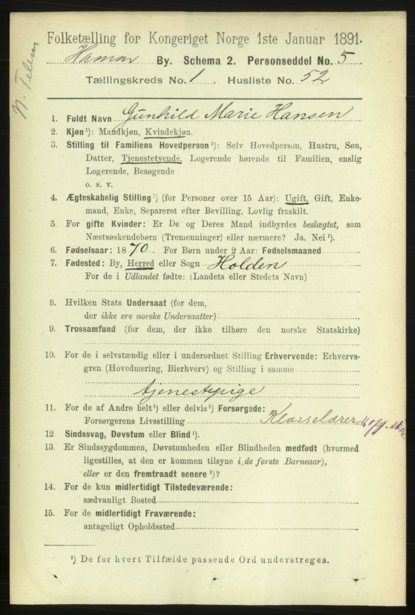 RA, 1891 census for 0401 Hamar, 1891, p. 911