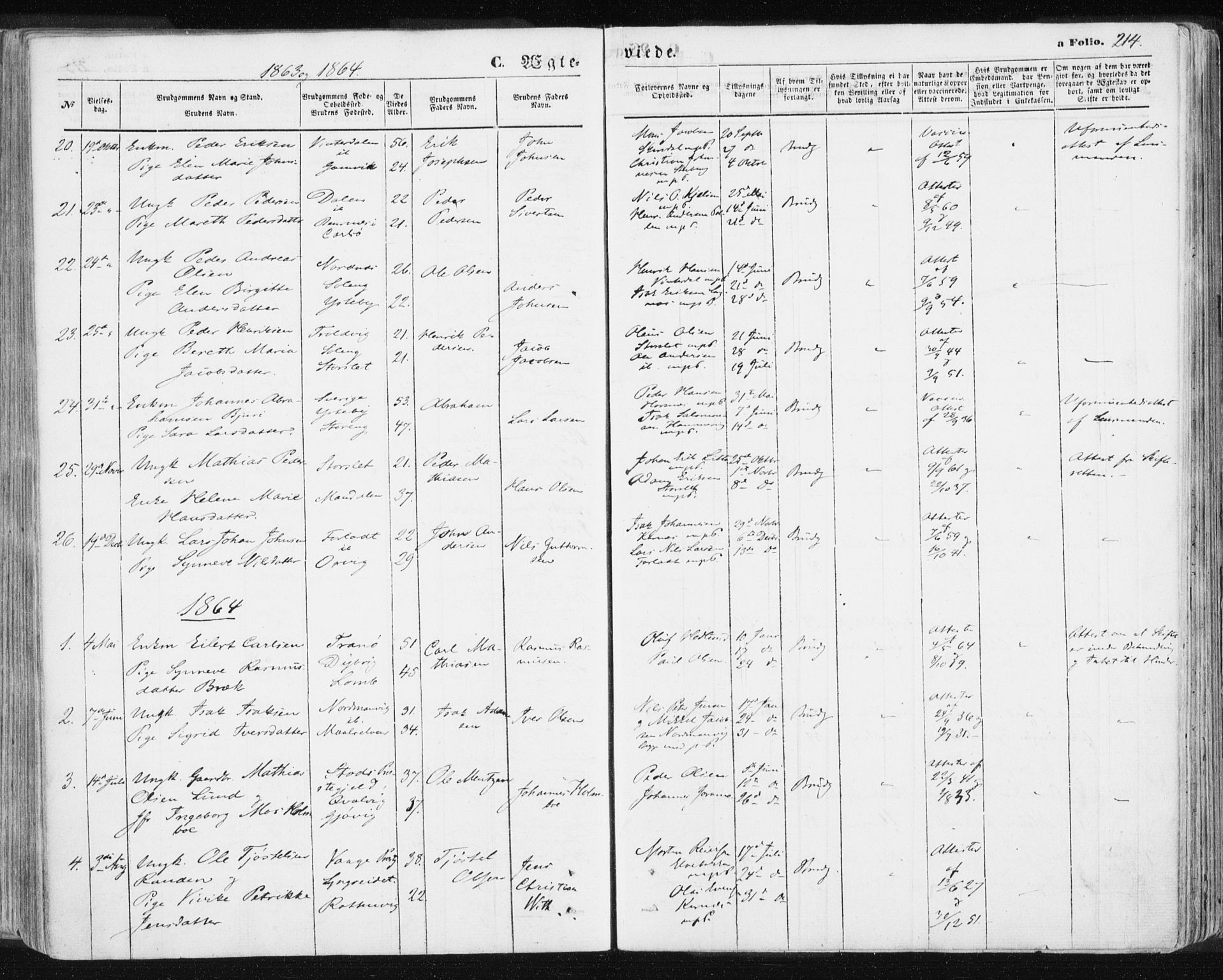 Lyngen sokneprestembete, SATØ/S-1289/H/He/Hea/L0005kirke: Parish register (official) no. 5, 1859-1869, p. 214