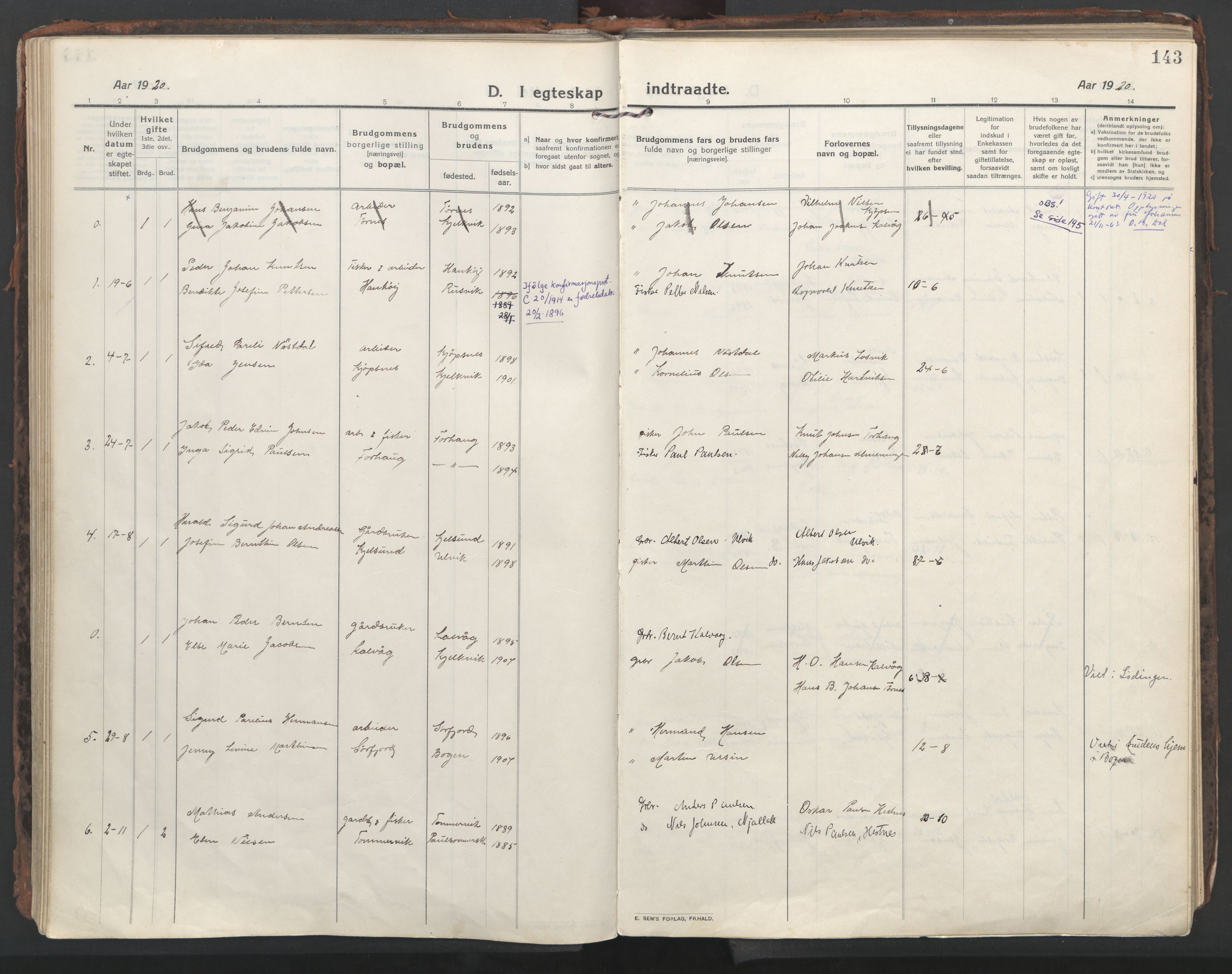 Ministerialprotokoller, klokkerbøker og fødselsregistre - Nordland, AV/SAT-A-1459/861/L0872: Parish register (official) no. 861A07, 1915-1924, p. 143