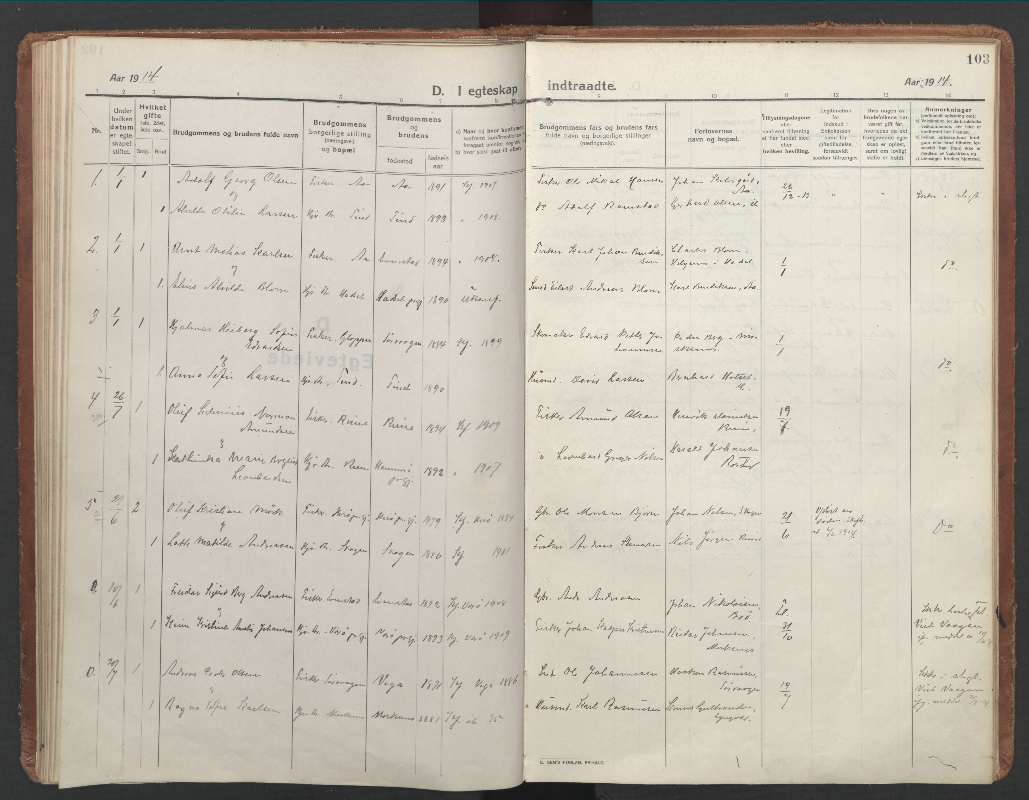 Ministerialprotokoller, klokkerbøker og fødselsregistre - Nordland, SAT/A-1459/886/L1222: Parish register (official) no. 886A04, 1914-1926, p. 103