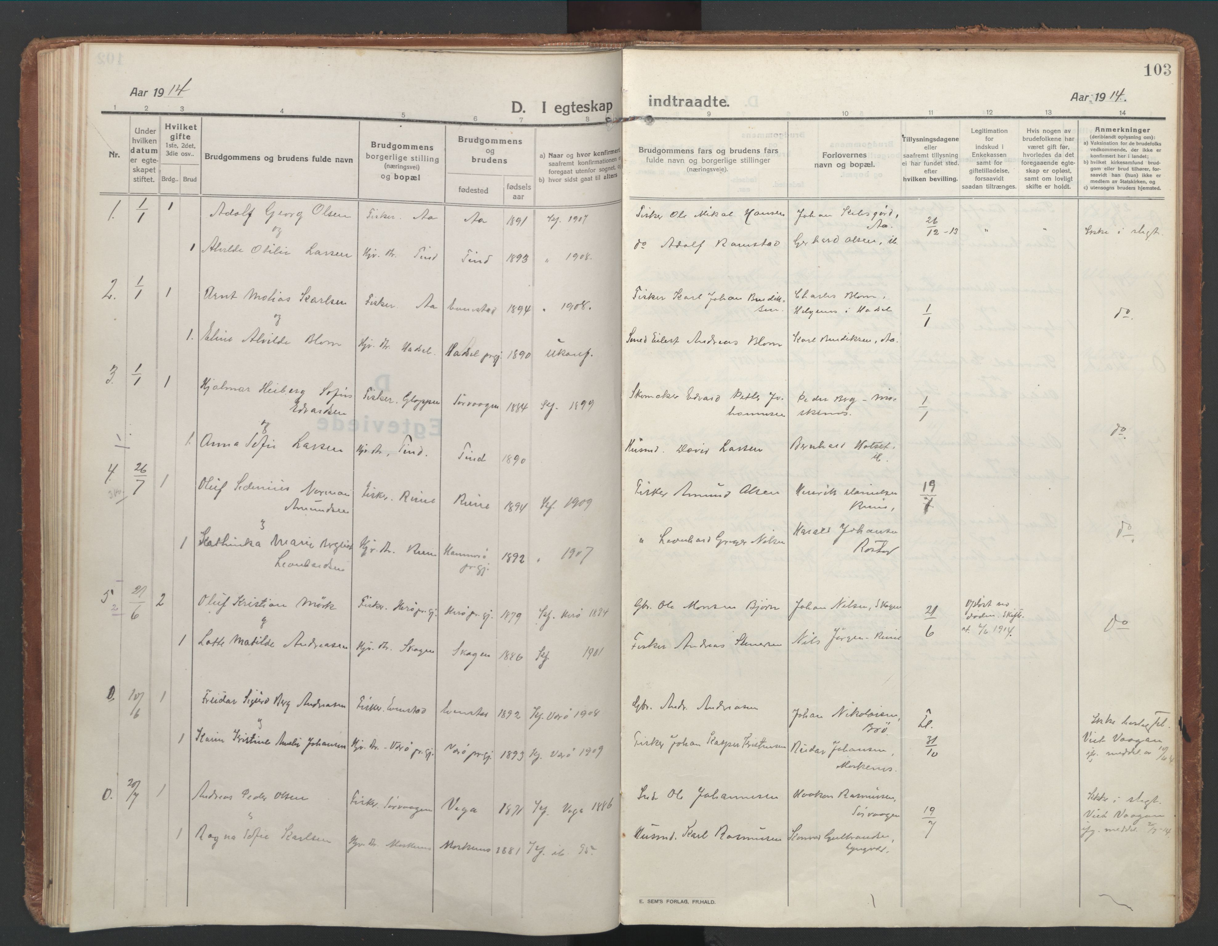 Ministerialprotokoller, klokkerbøker og fødselsregistre - Nordland, AV/SAT-A-1459/886/L1222: Parish register (official) no. 886A04, 1914-1926, p. 103