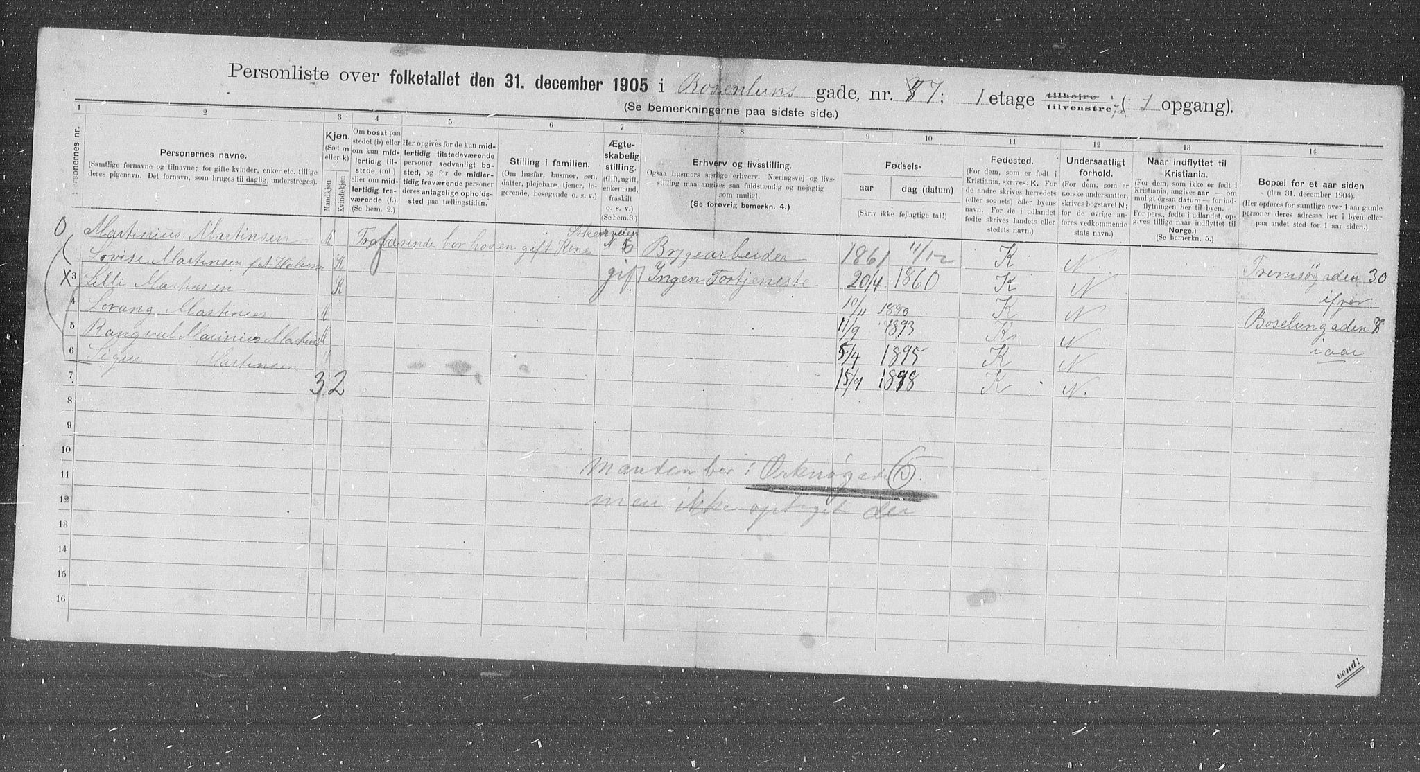 OBA, Municipal Census 1905 for Kristiania, 1905, p. 44311