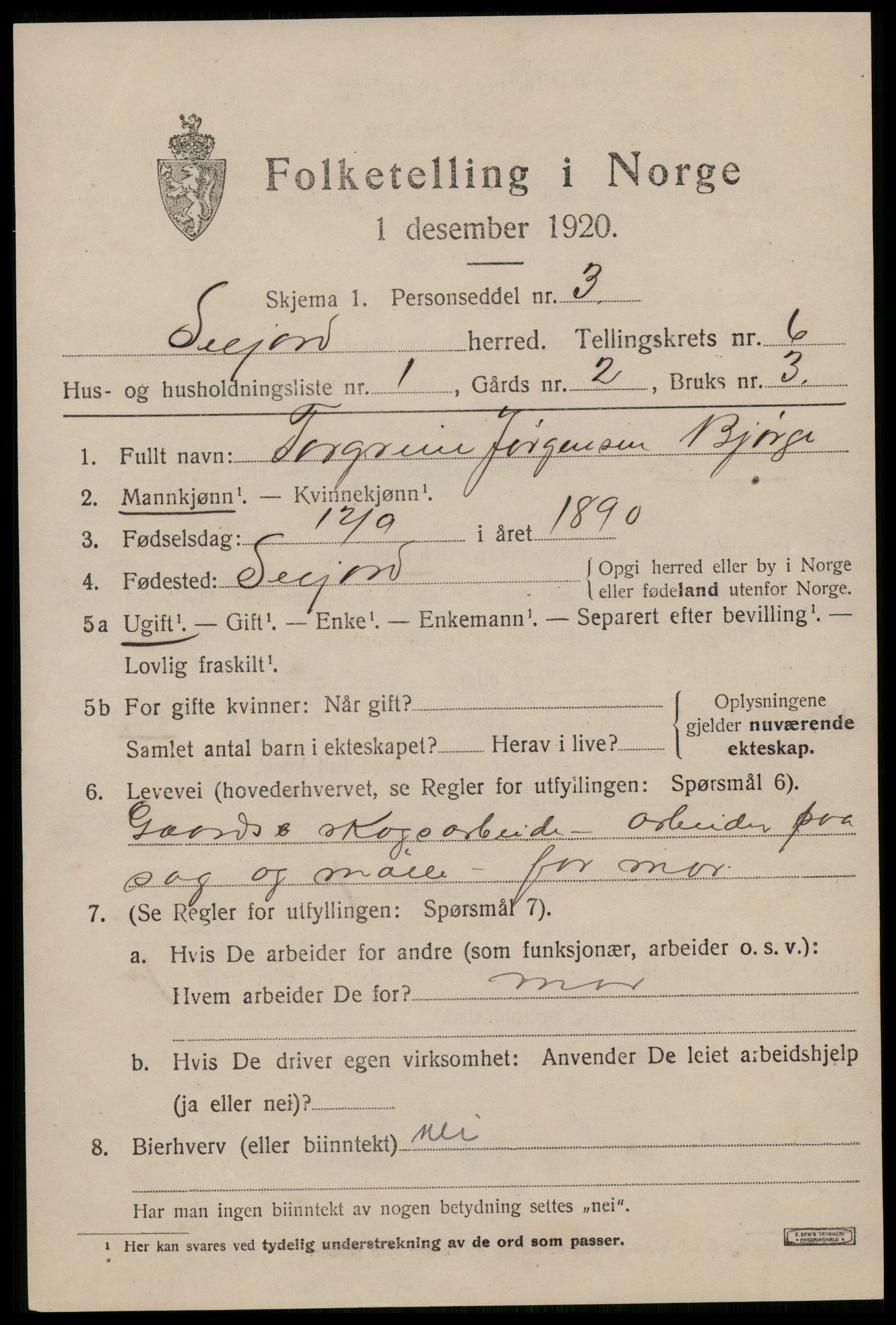 SAKO, 1920 census for Seljord, 1920, p. 2762