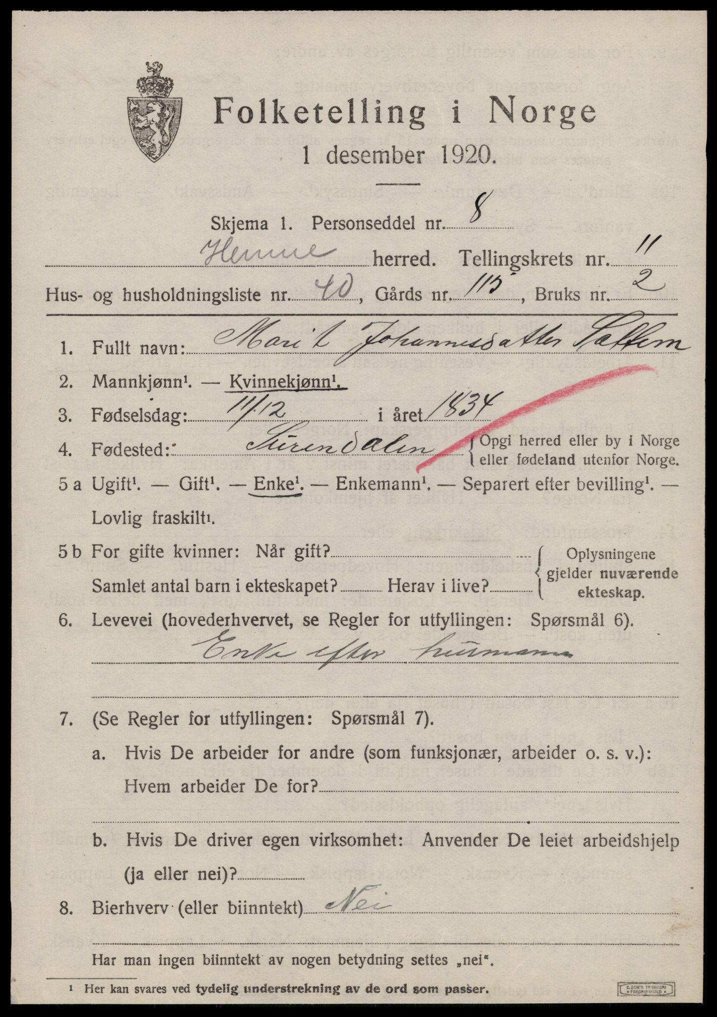 SAT, 1920 census for Hemne, 1920, p. 7052