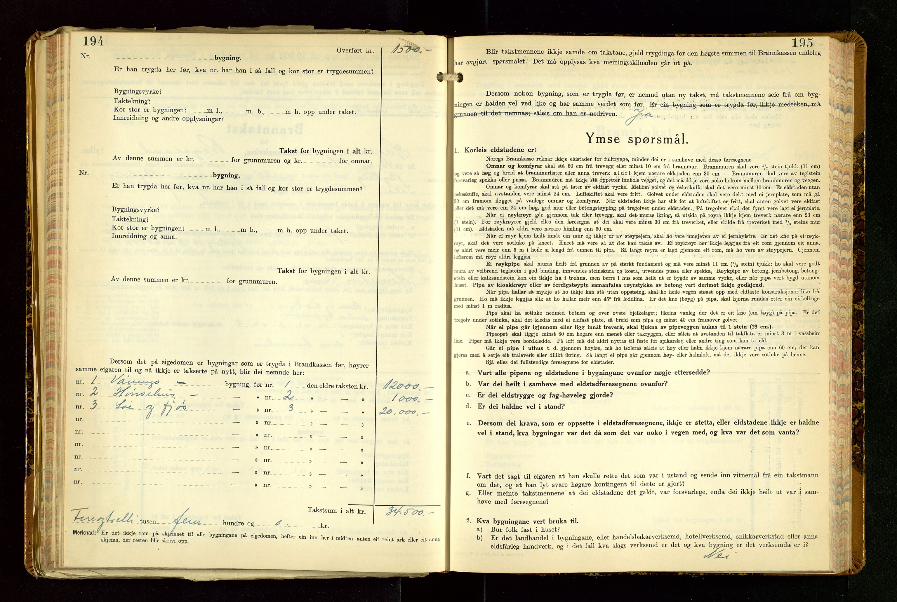 Håland lensmannskontor, AV/SAST-A-100100/Gob/L0013: "Branntakstprotokoll" - skjematakst. Register i boken., 1941-1950, p. 194-195