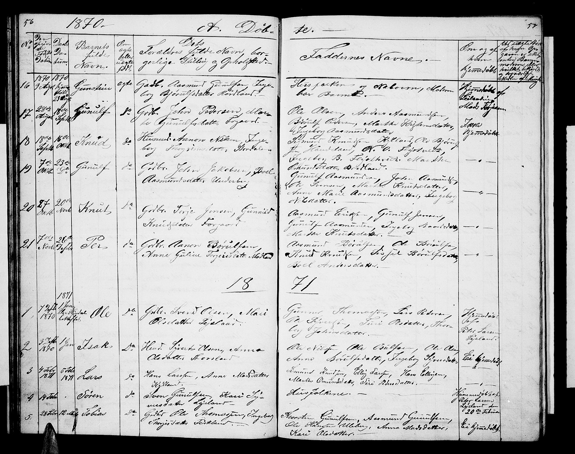 Åseral sokneprestkontor, AV/SAK-1111-0051/F/Fb/L0001: Parish register (copy) no. B 1, 1856-1877, p. 56-57