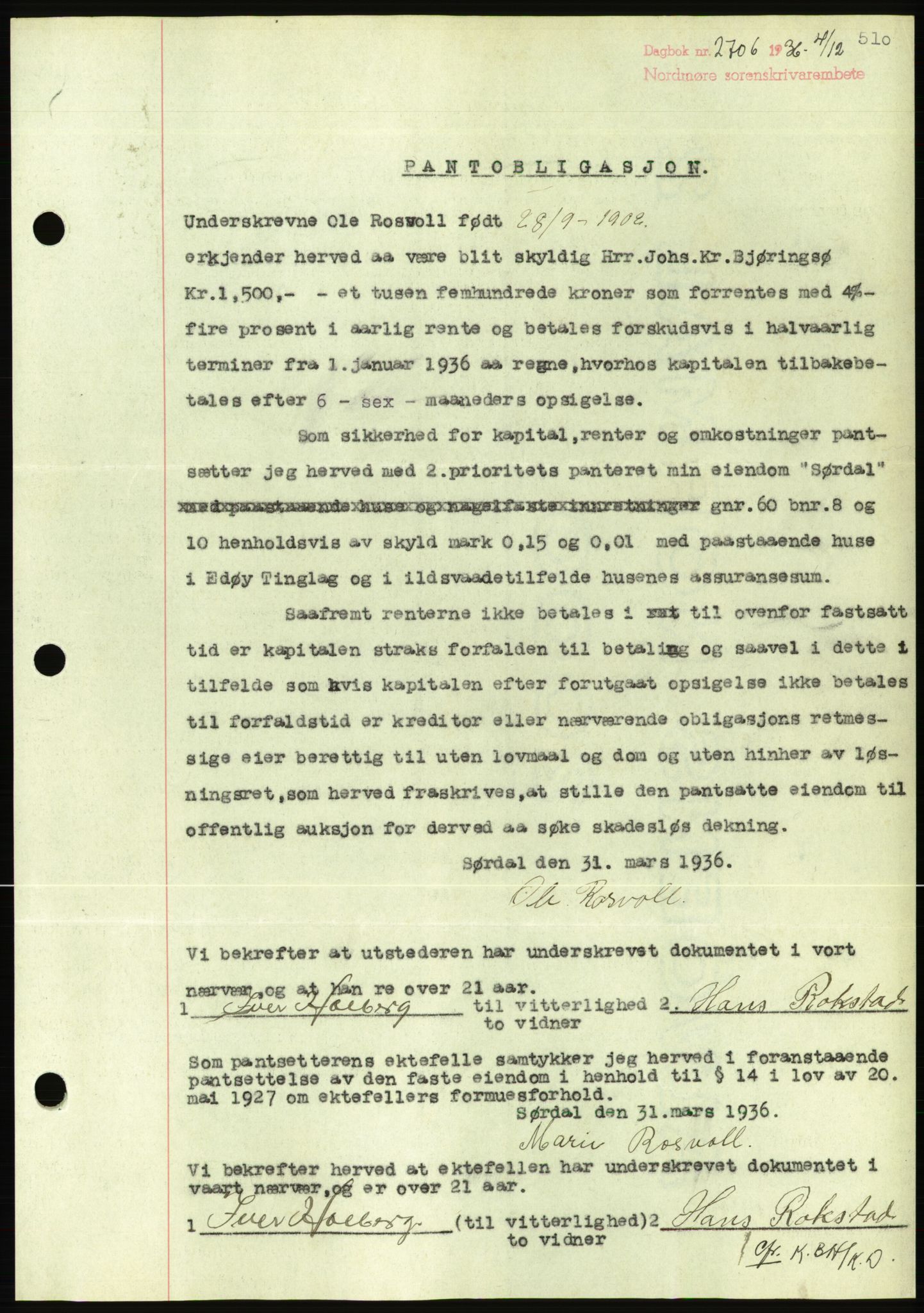 Nordmøre sorenskriveri, AV/SAT-A-4132/1/2/2Ca/L0090: Mortgage book no. B80, 1936-1937, Diary no: : 2706/1936