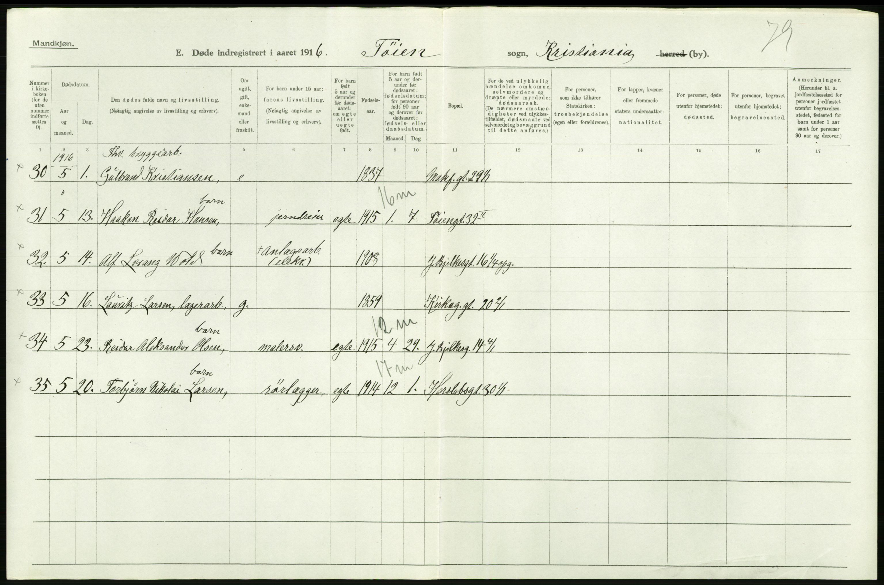 Statistisk sentralbyrå, Sosiodemografiske emner, Befolkning, AV/RA-S-2228/D/Df/Dfb/Dfbf/L0009: Kristiania: Døde., 1916, p. 484