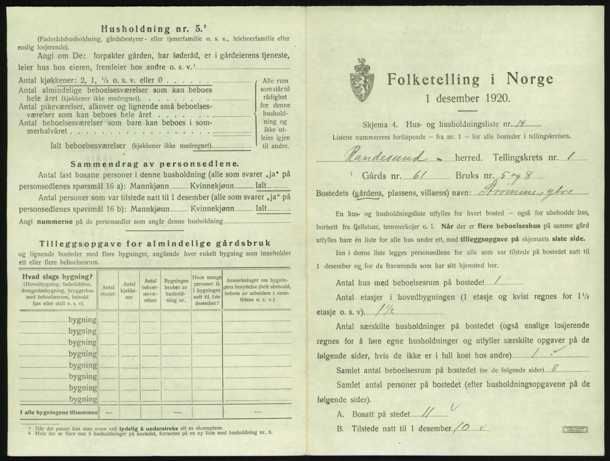 SAK, 1920 census for Randesund, 1920, p. 58