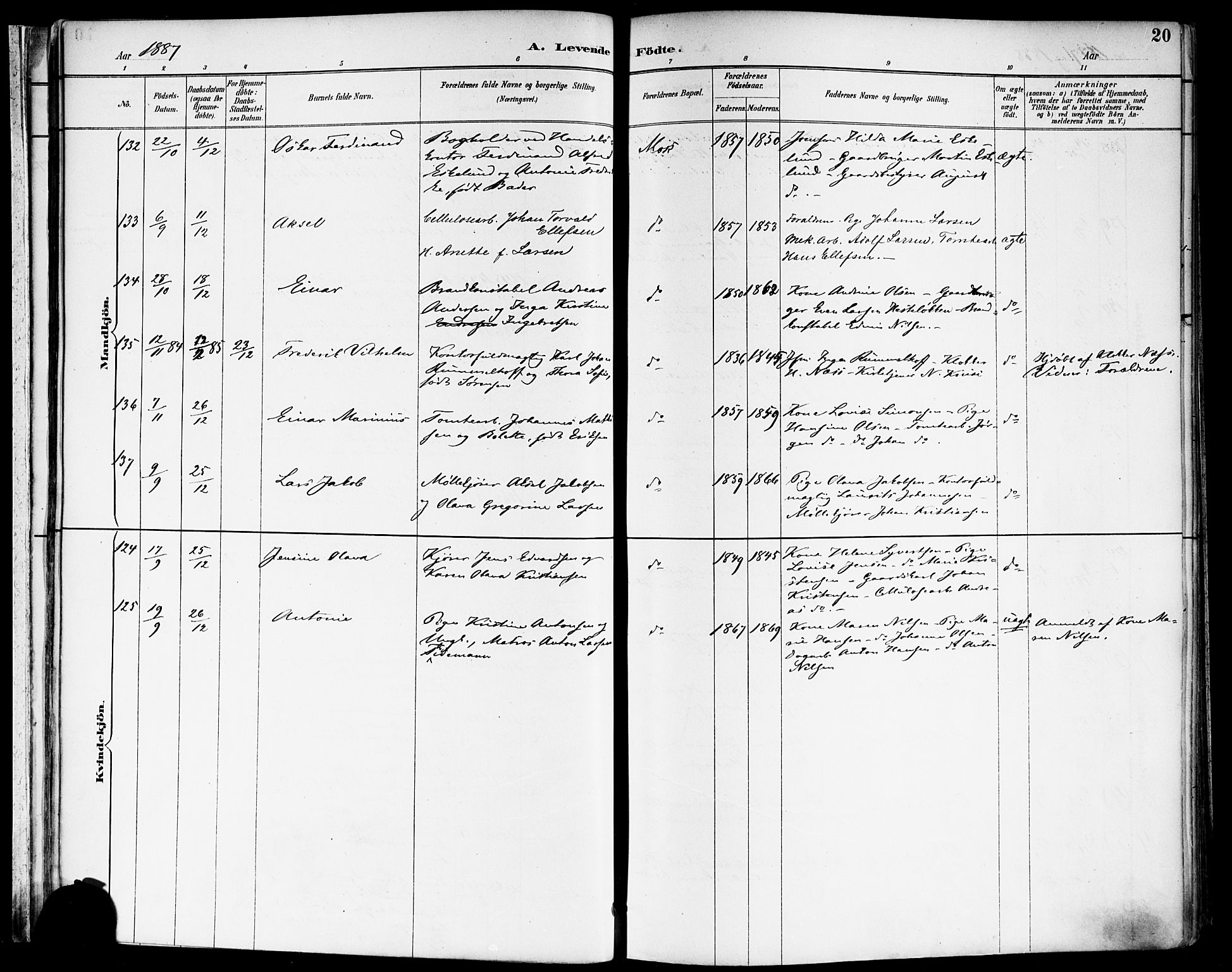 Moss prestekontor Kirkebøker, AV/SAO-A-2003/F/Fb/L0002a: Parish register (official) no. II 2A, 1887-1893, p. 20