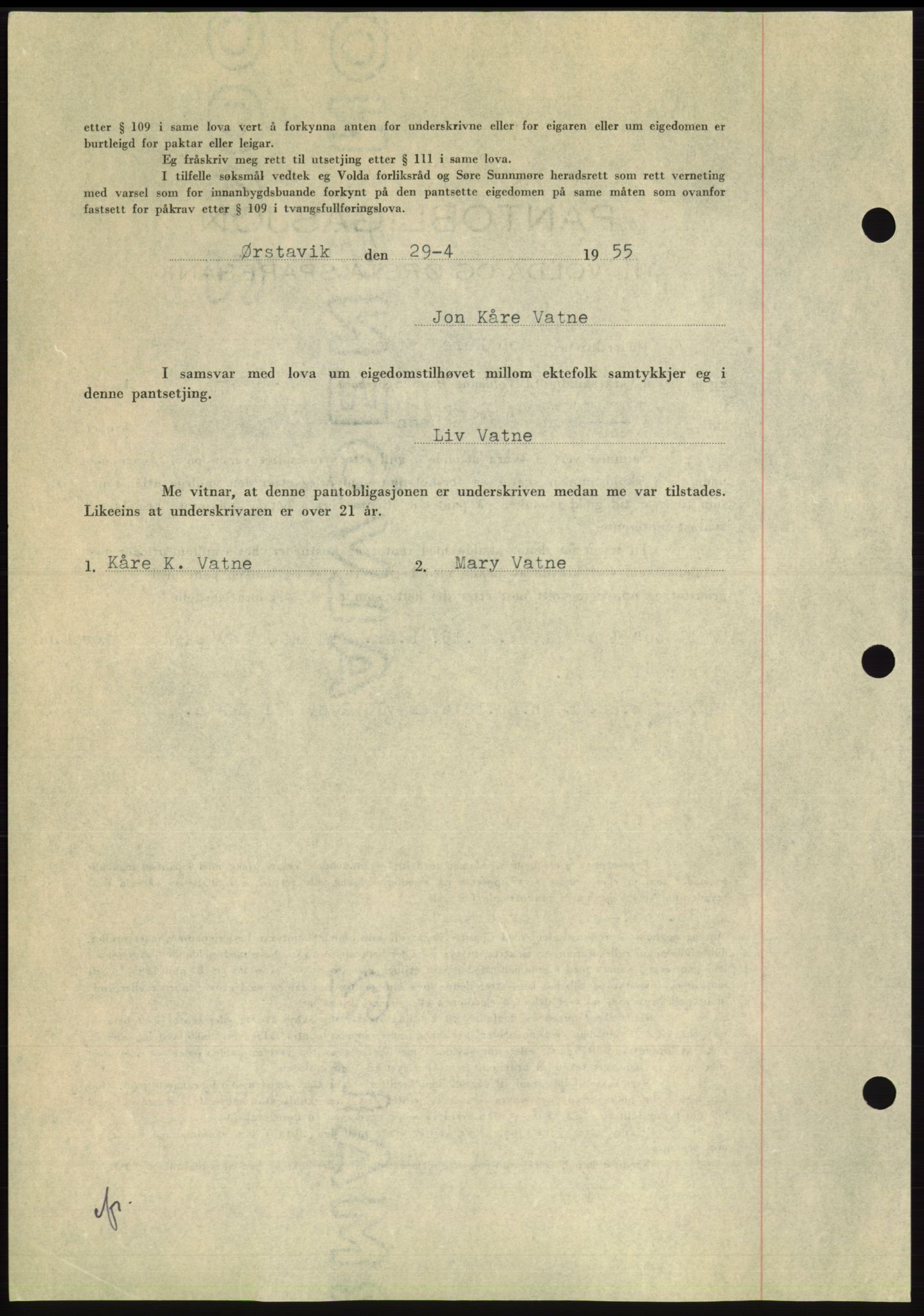 Søre Sunnmøre sorenskriveri, AV/SAT-A-4122/1/2/2C/L0126: Mortgage book no. 14B, 1954-1955, Diary no: : 1010/1955