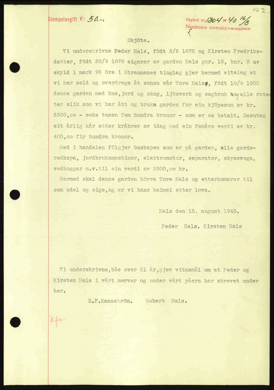 Nordmøre sorenskriveri, AV/SAT-A-4132/1/2/2Ca: Mortgage book no. A88, 1940-1940, Diary no: : 1304/1940