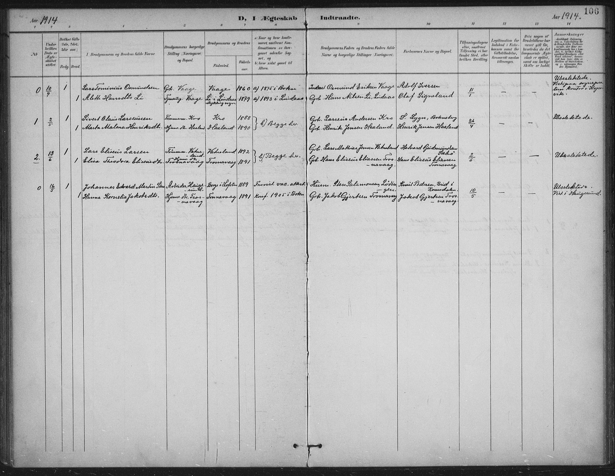 Tysvær sokneprestkontor, AV/SAST-A -101864/H/Ha/Haa/L0009: Parish register (official) no. A 9, 1898-1925, p. 106