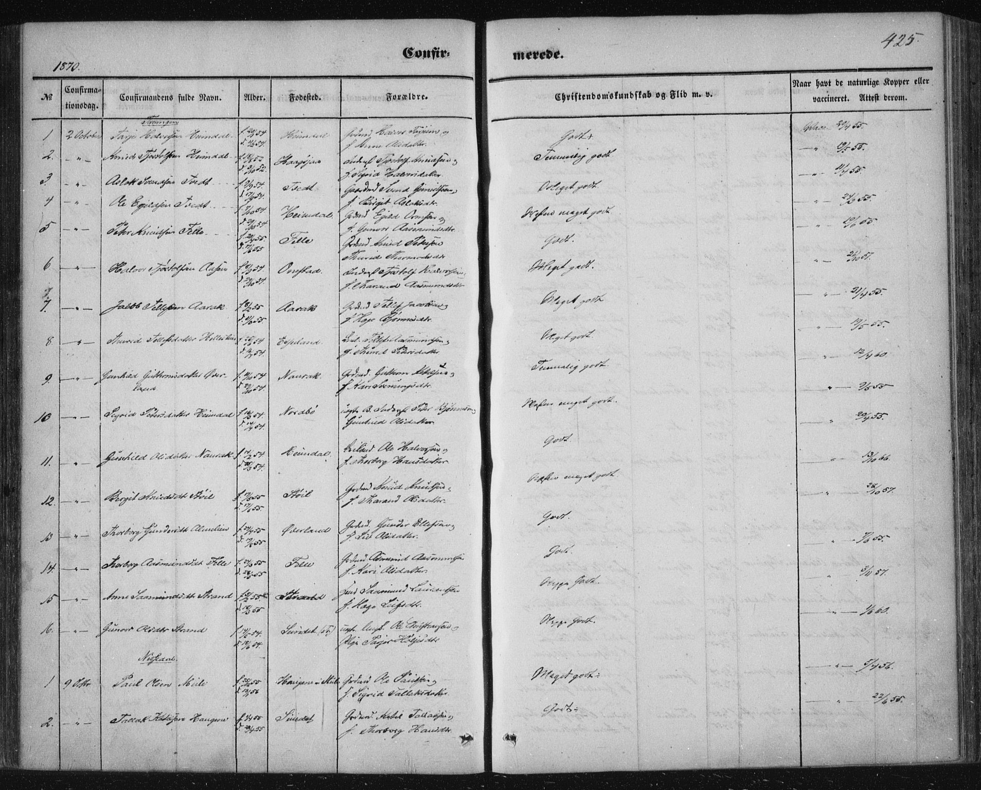 Nissedal kirkebøker, SAKO/A-288/F/Fa/L0003: Parish register (official) no. I 3, 1846-1870, p. 424-425
