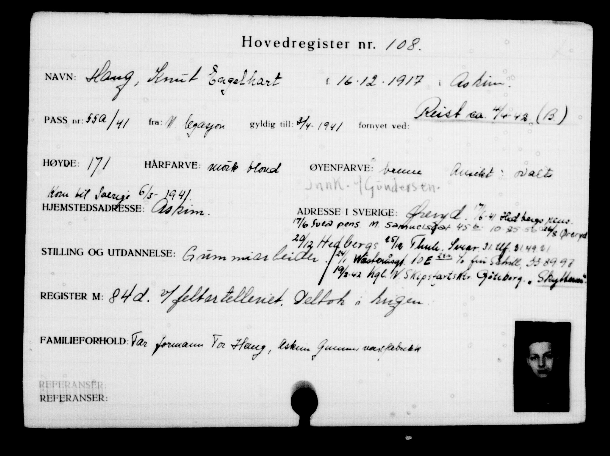 Utenriksstasjonene, Legasjonen i Stockholm, Flyktningkontoret, AV/RA-S-6753/V/Va/L0001: Kjesäterkartoteket, flyktninger med registreringsnr. 1-1000, 1940-1945, p. 179