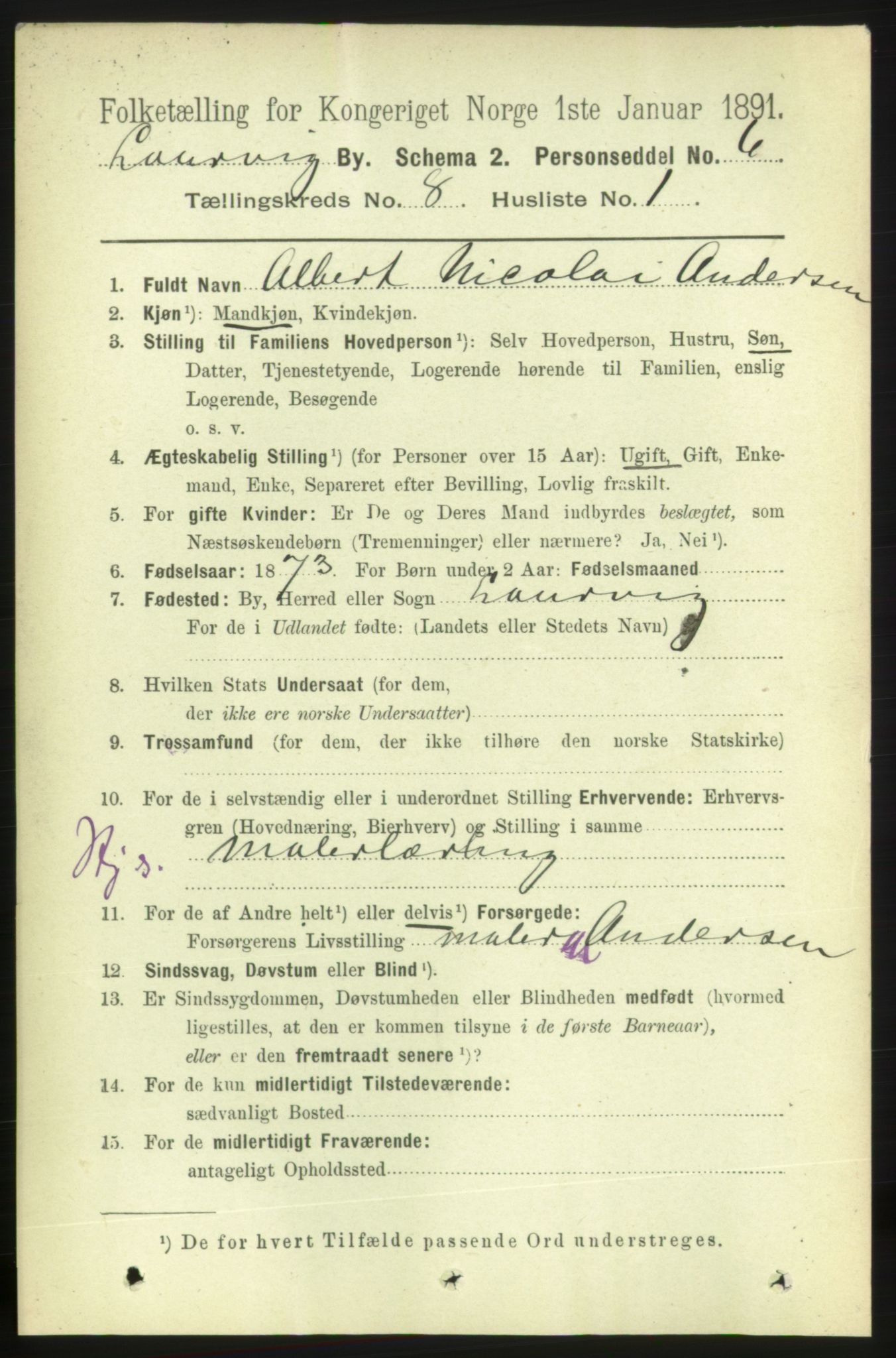 RA, 1891 census for 0707 Larvik, 1891, p. 7822