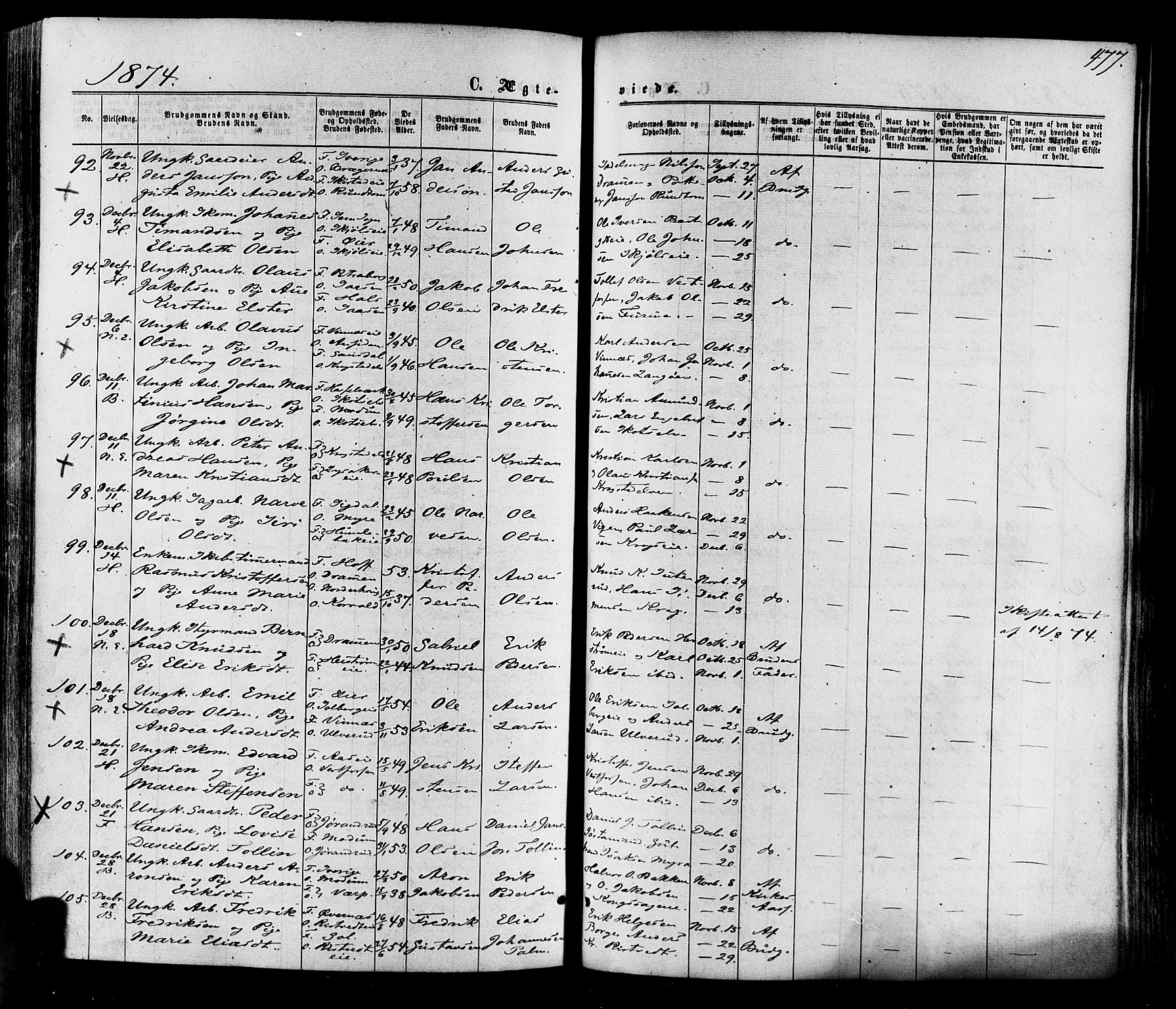 Eiker kirkebøker, SAKO/A-4/F/Fa/L0017: Parish register (official) no. I 17, 1869-1877, p. 477