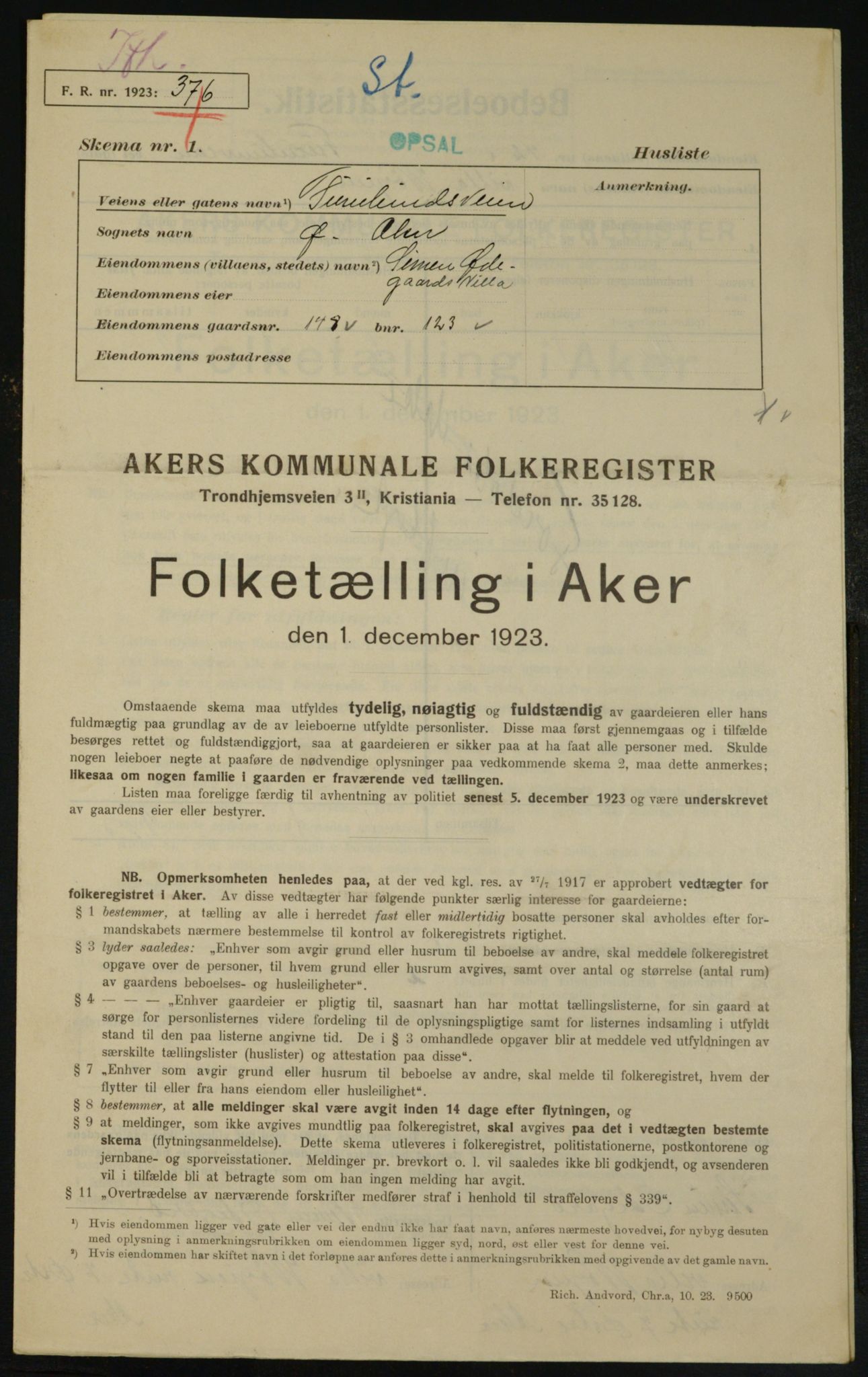 , Municipal Census 1923 for Aker, 1923, p. 24908