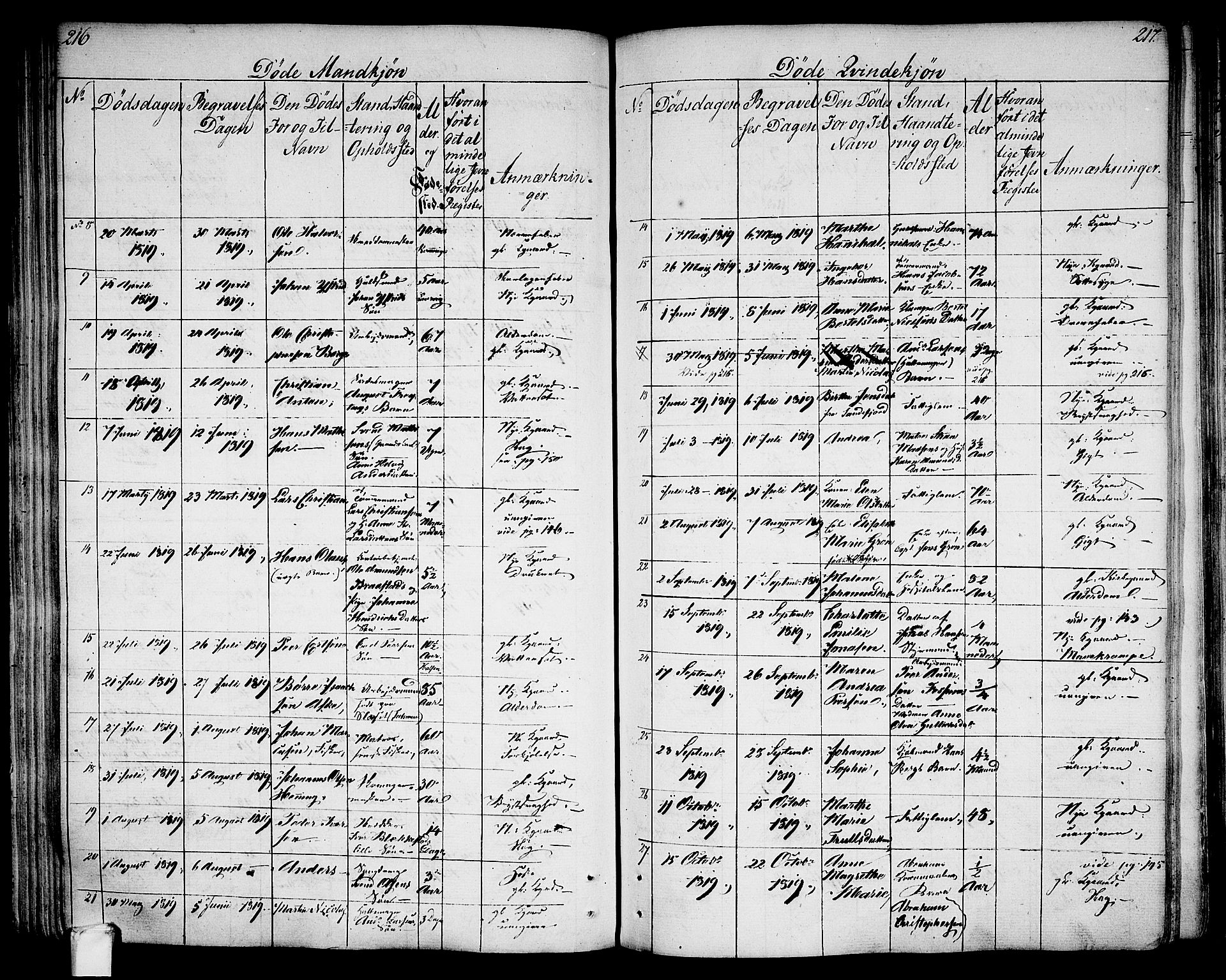 Larvik kirkebøker, SAKO/A-352/G/Ga/L0002: Parish register (copy) no. I 2, 1807-1830, p. 216-217