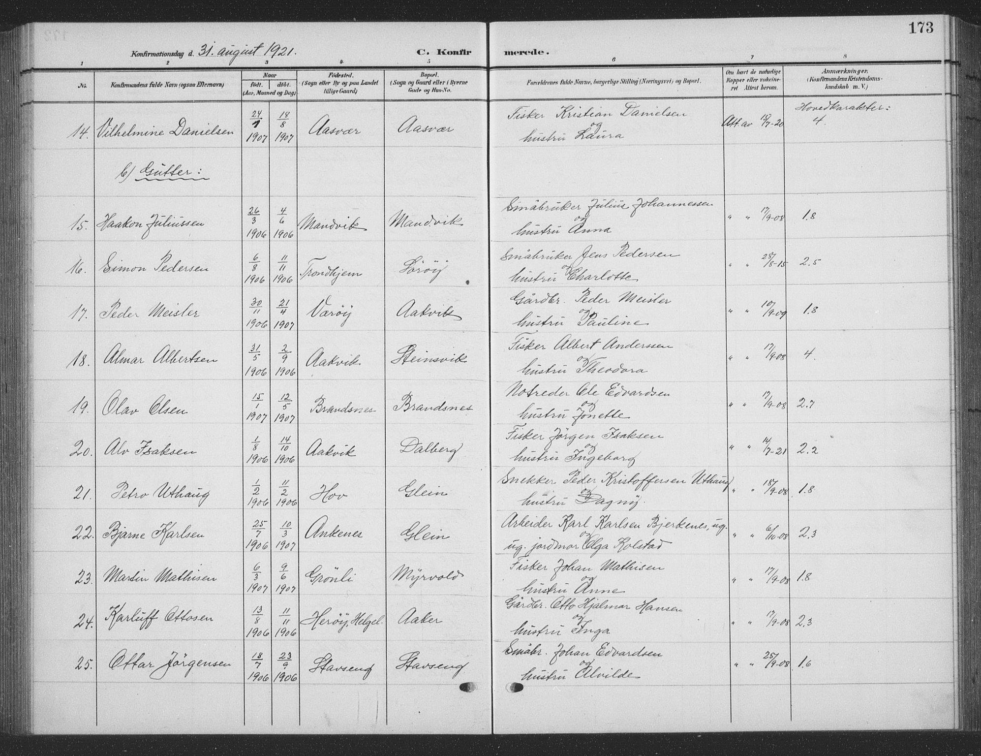 Ministerialprotokoller, klokkerbøker og fødselsregistre - Nordland, AV/SAT-A-1459/835/L0533: Parish register (copy) no. 835C05, 1906-1939, p. 173