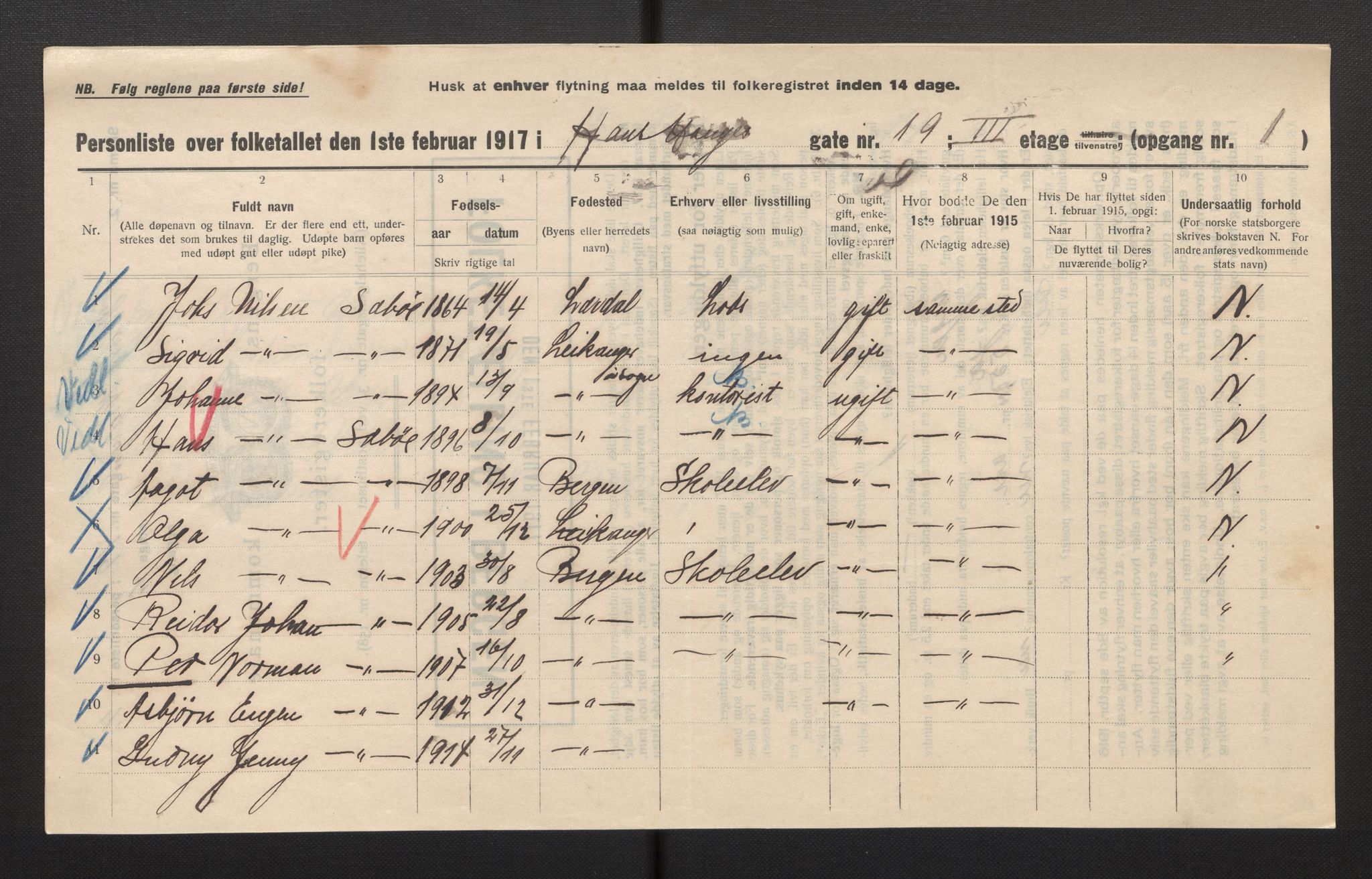 SAB, Municipal Census 1917 for Bergen, 1917, p. 11897